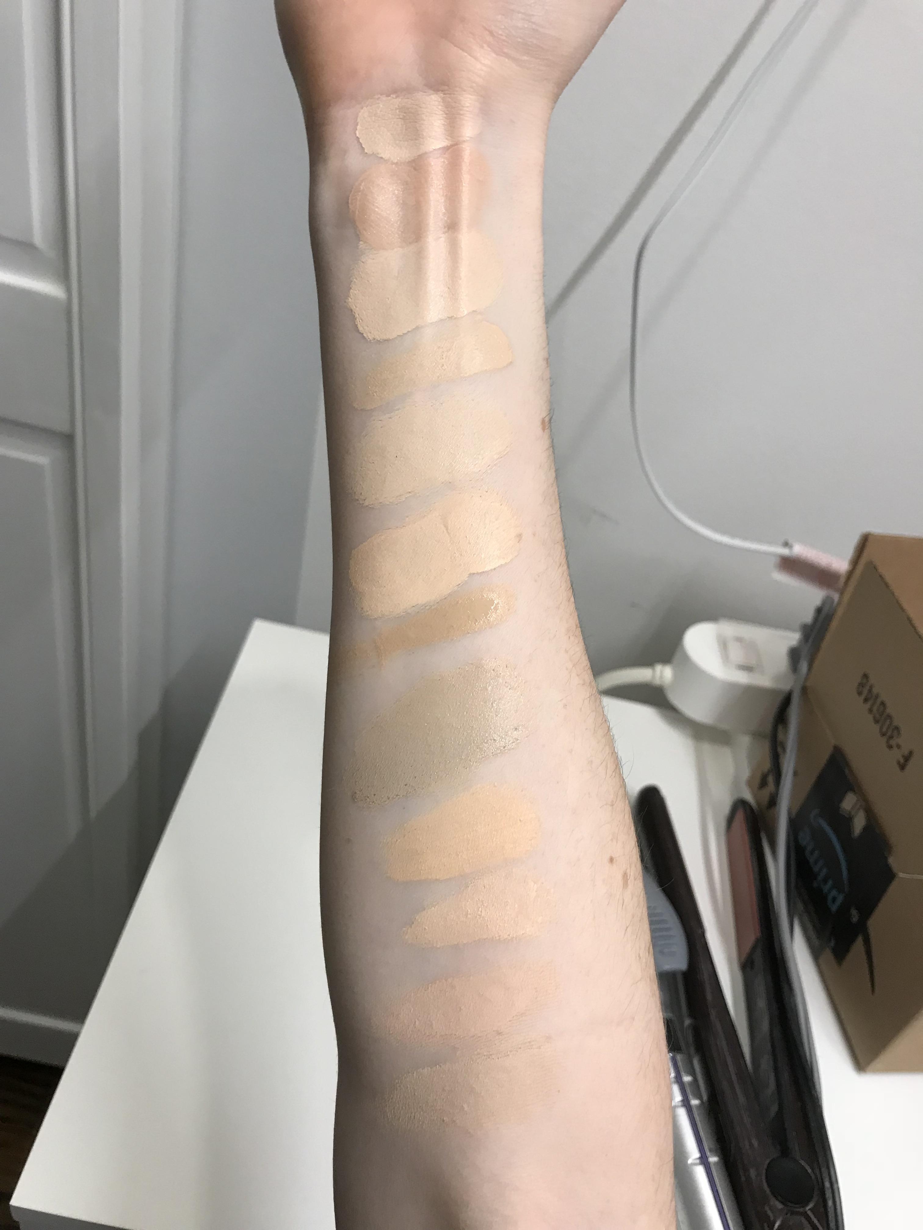 Swatches of foundations, BB creams, and concealers (names in comments