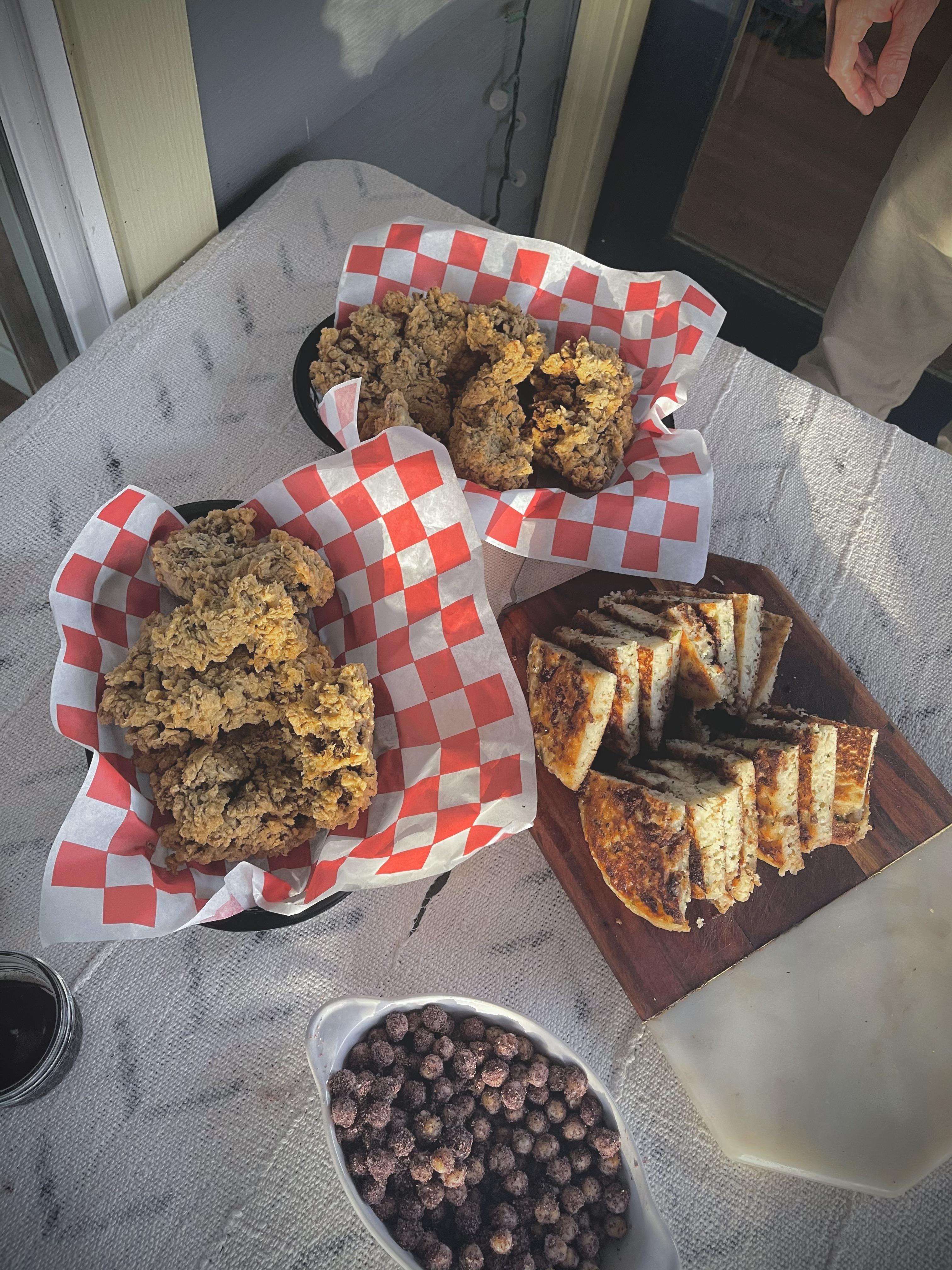 Fried chicken (maitake mushrooms) and tarragonpancakes with maple