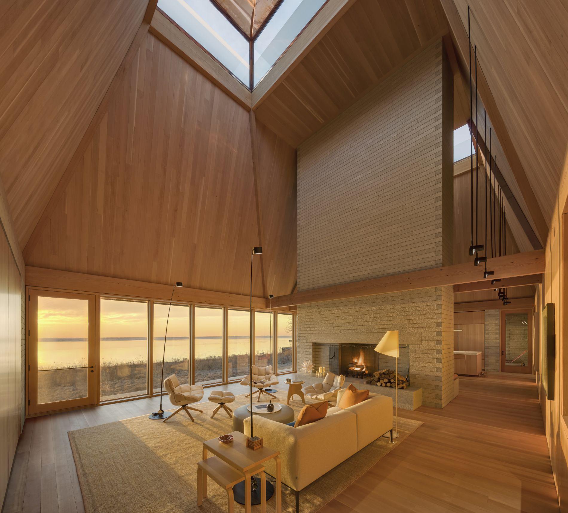 Living area with Douglas Fir ceiling and massive belvederes in a