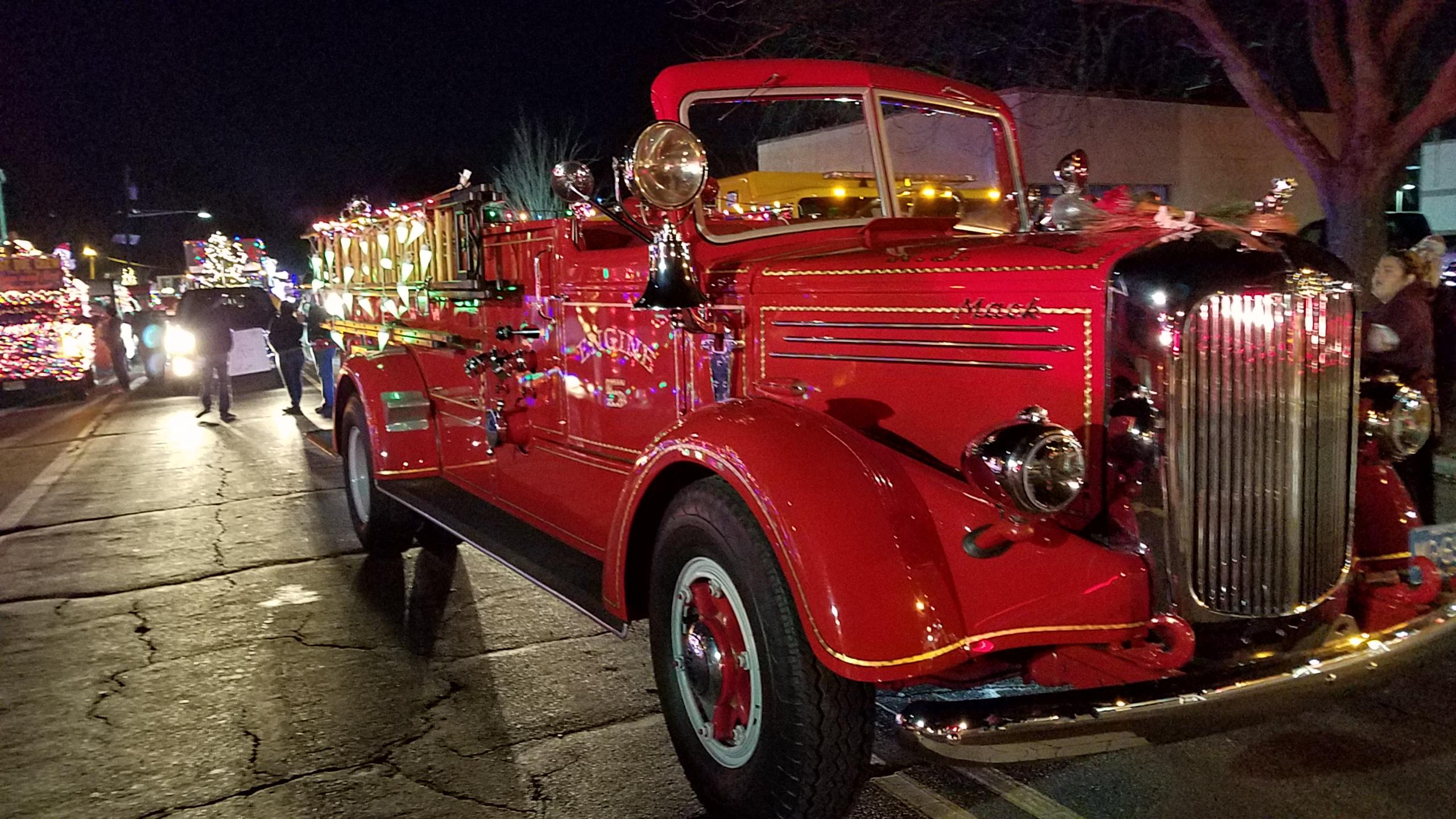 Old firetruck on parade at Somerville, NJ Holiday lights parade 12/7/19