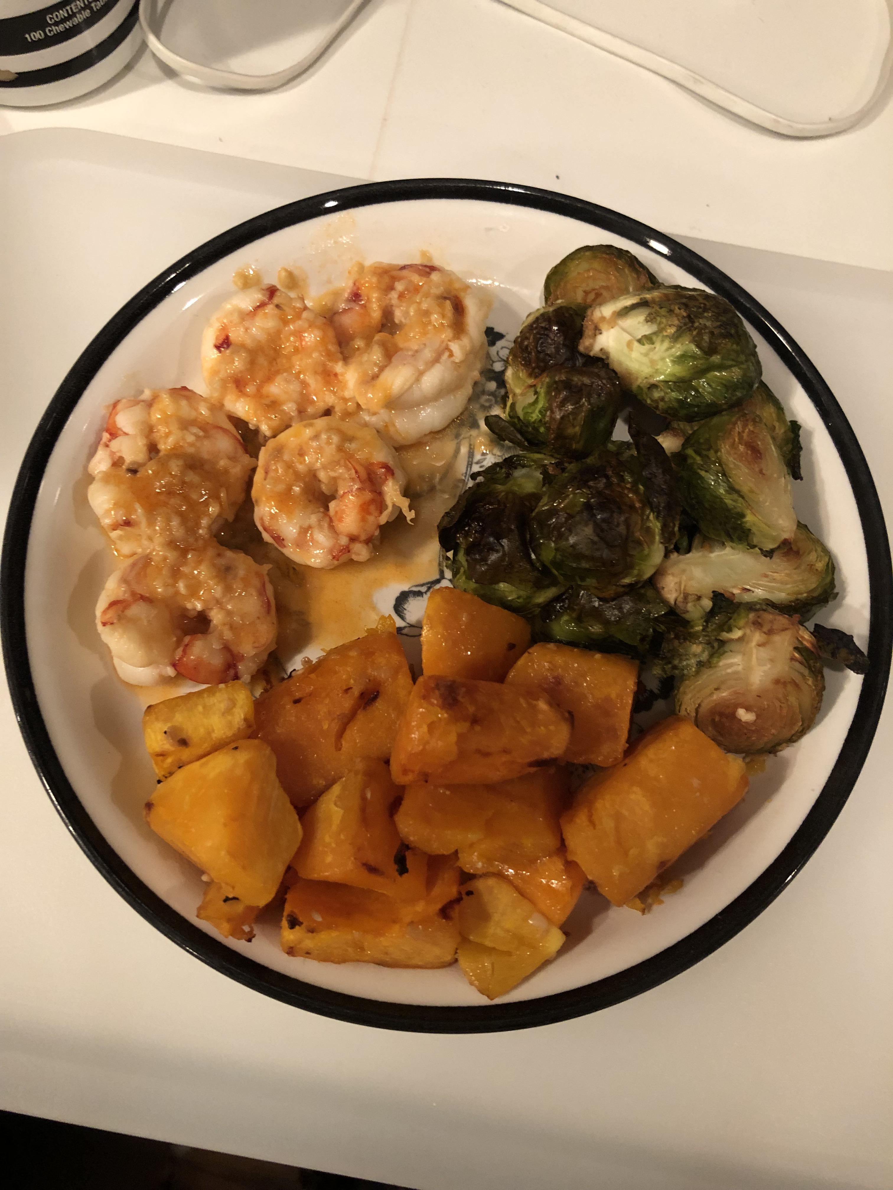 Lemon garlic shrimp with roasted Brussels sprouts and butternut squash