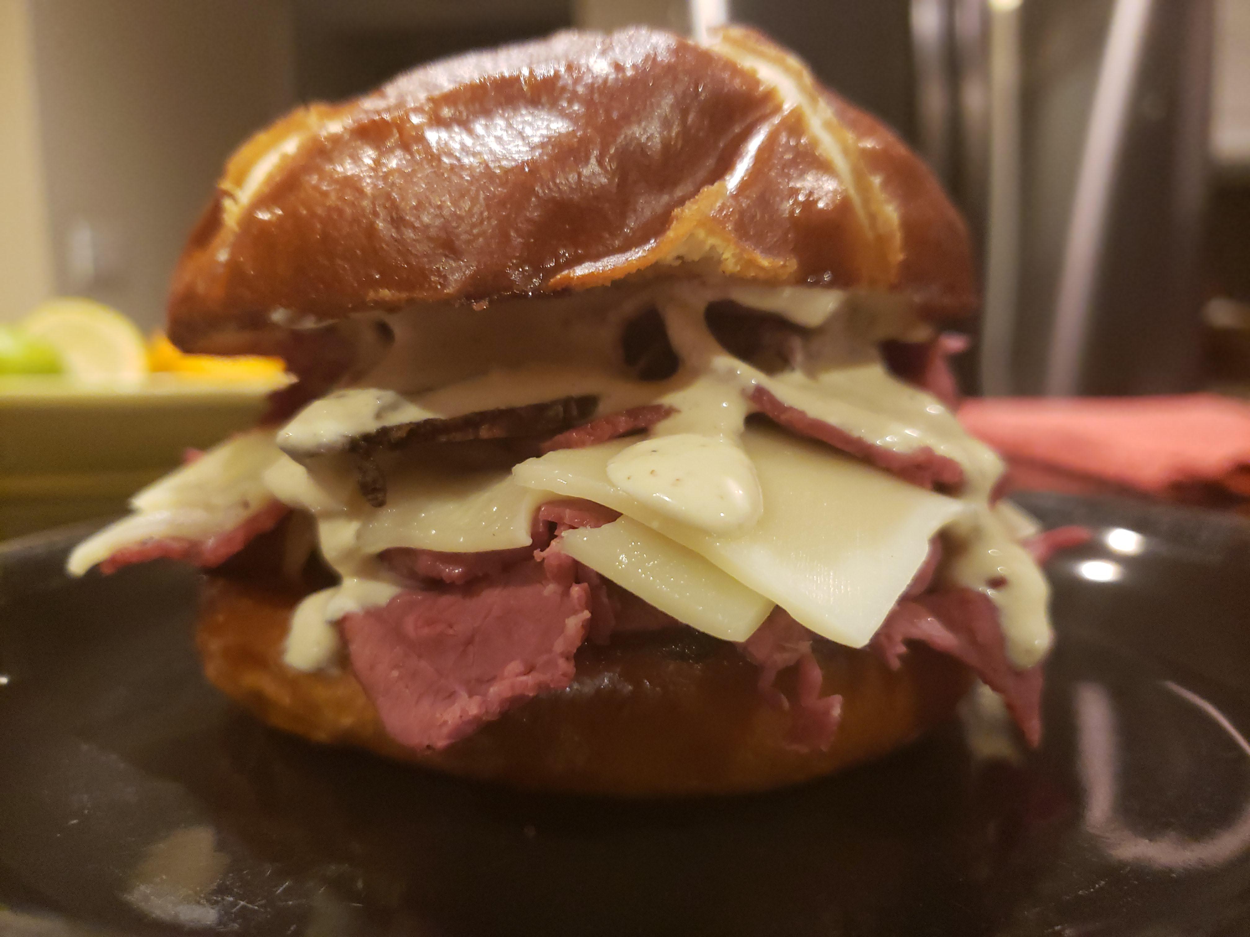 Late Night Meal Grilled Pastrami and Onions, Double Swiss, Homemade