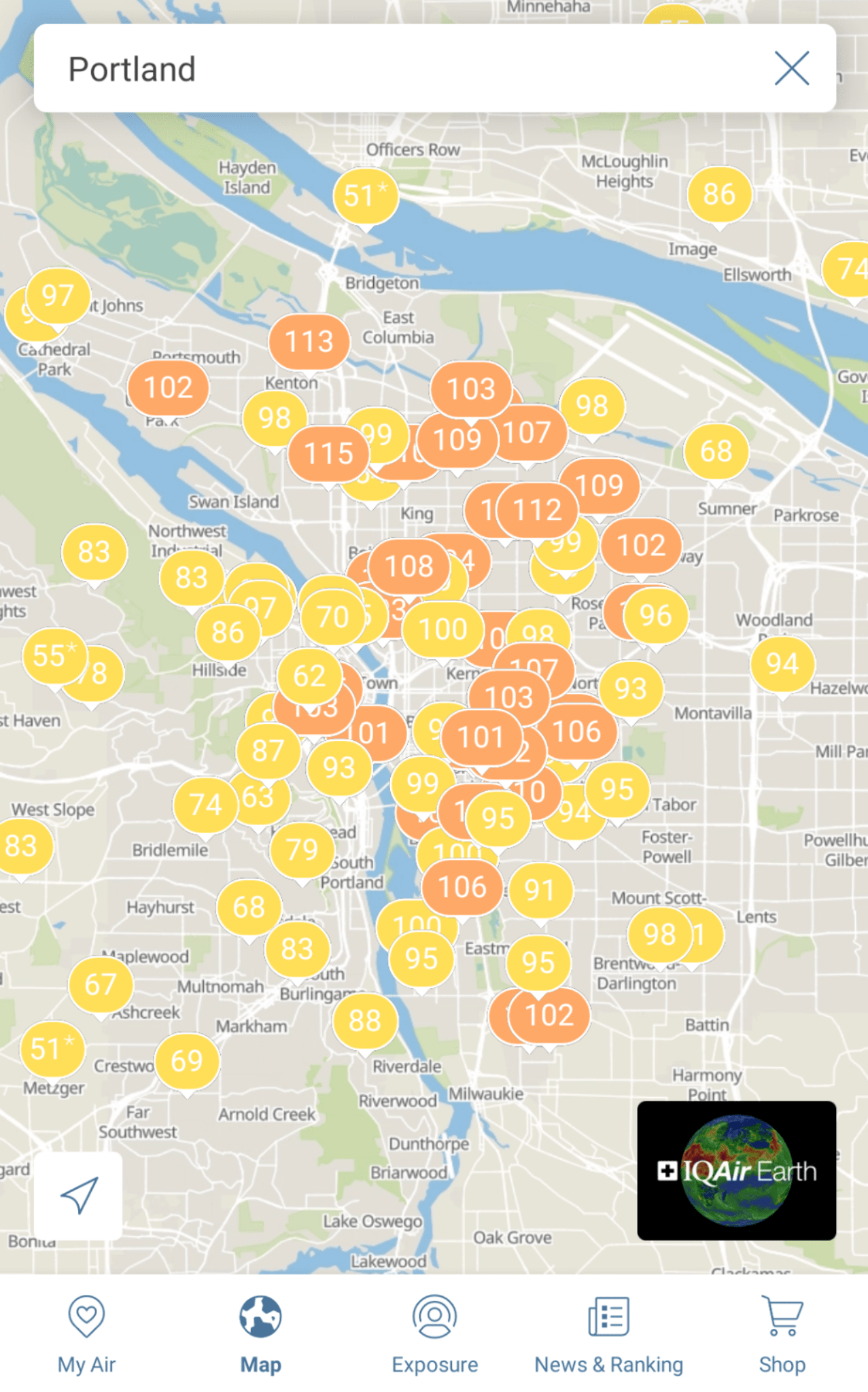 Portland air pollution is climbing today, with more and more monitoring stations turning orange