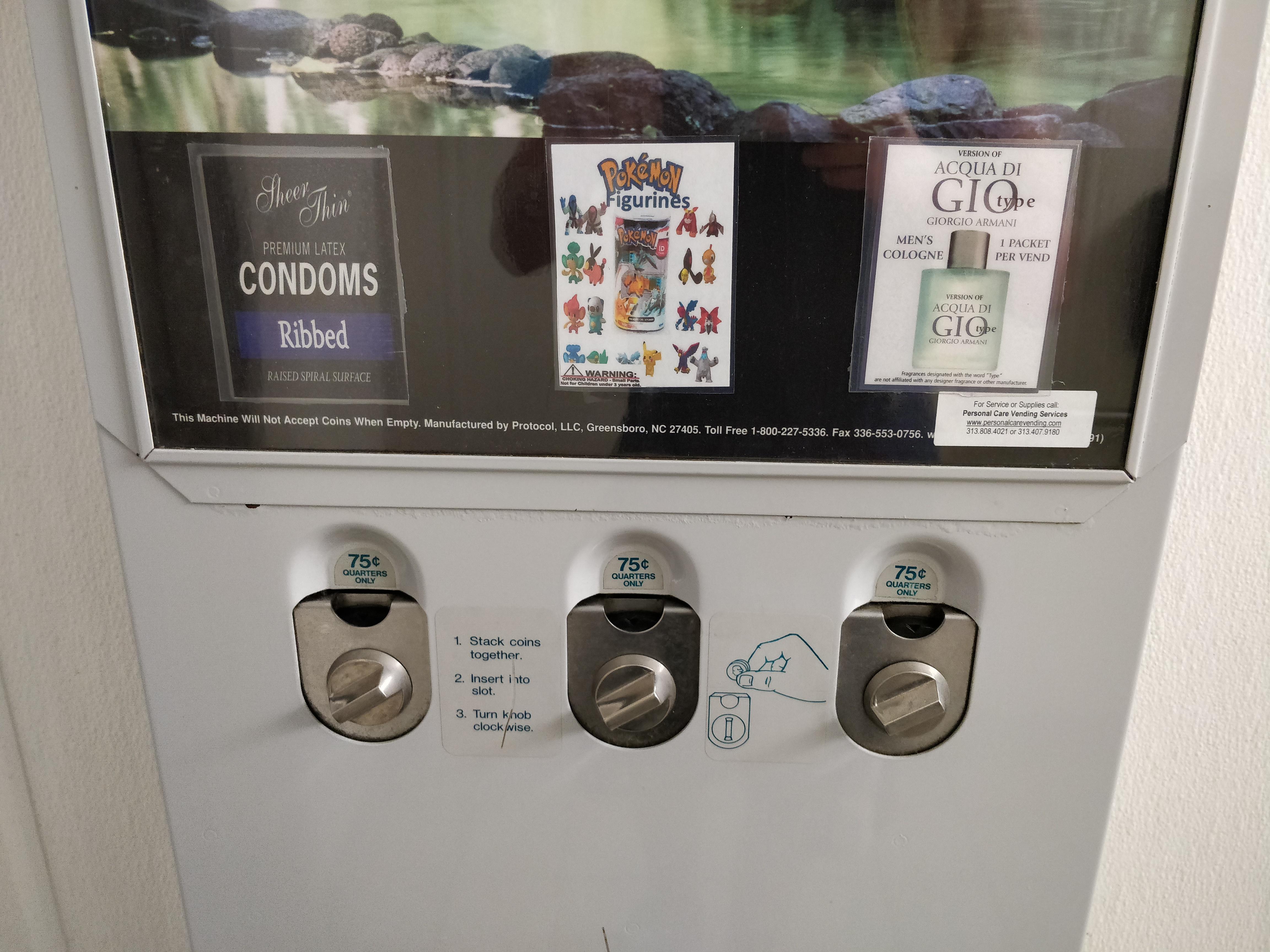 This gas station sells the trifecta, condoms, cologne, and Pokemon