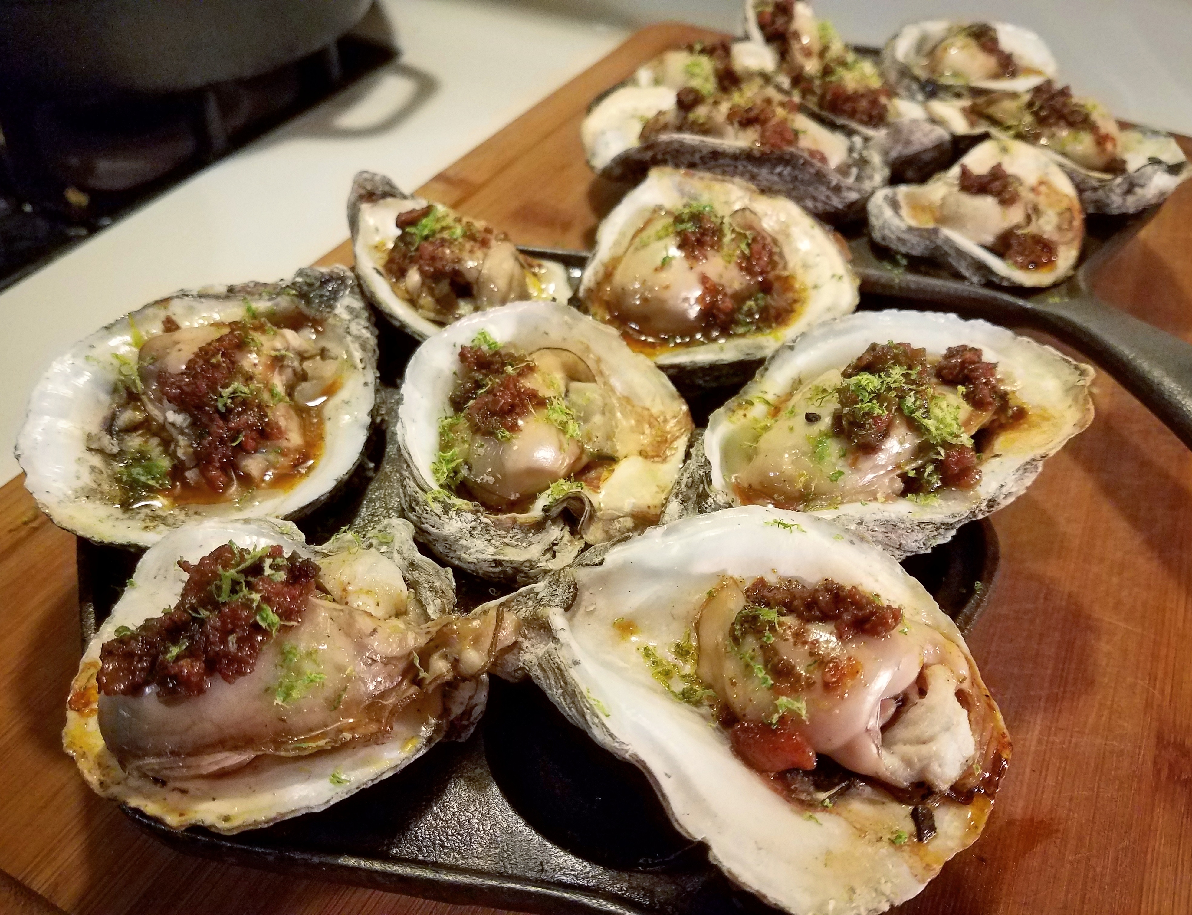 [Homemade] Grilled Gulf Oysters with Chorizo and Lime Zest r/food