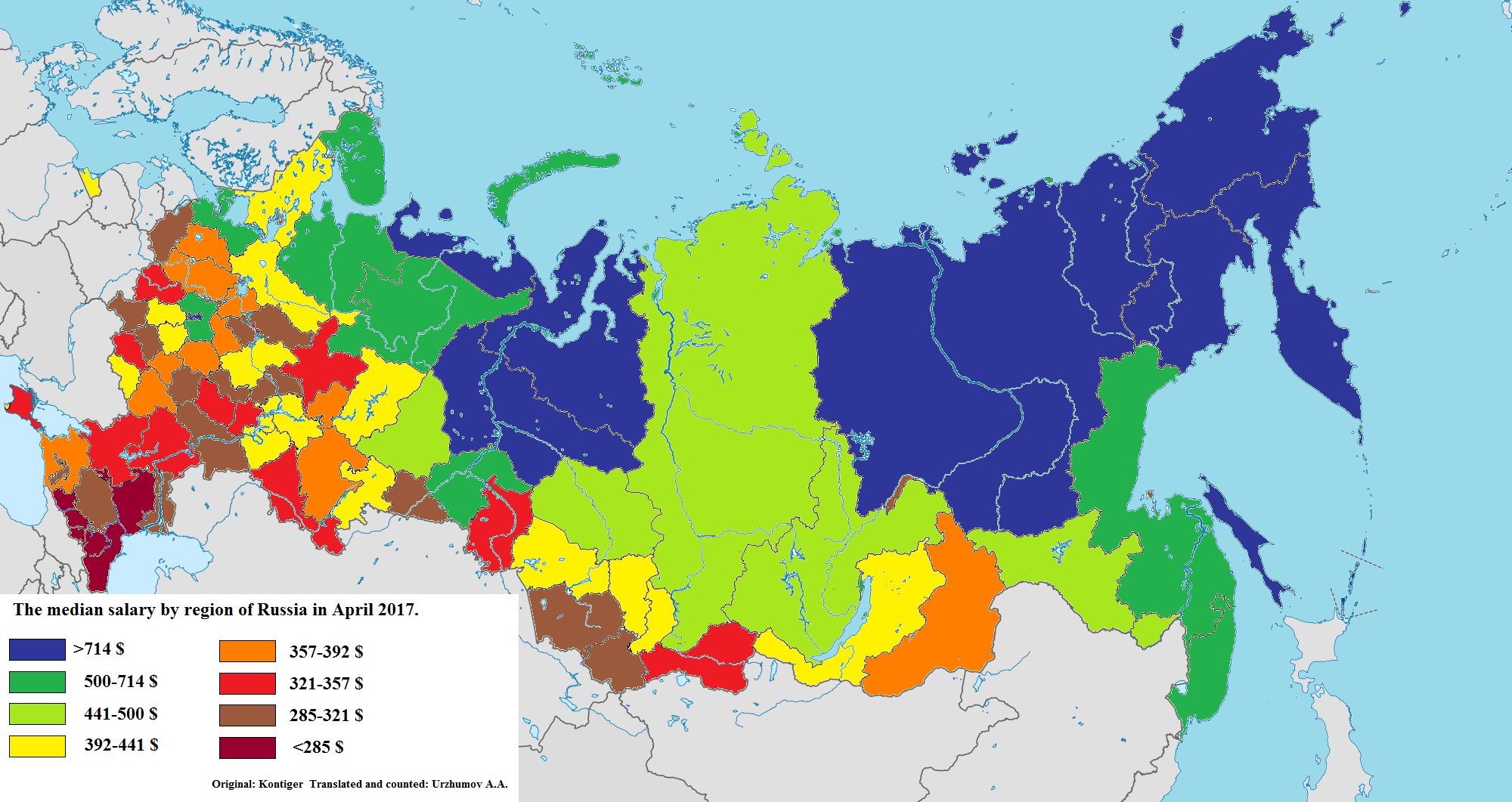 The median salary by region of Russia in April 2017. r/MapPorn