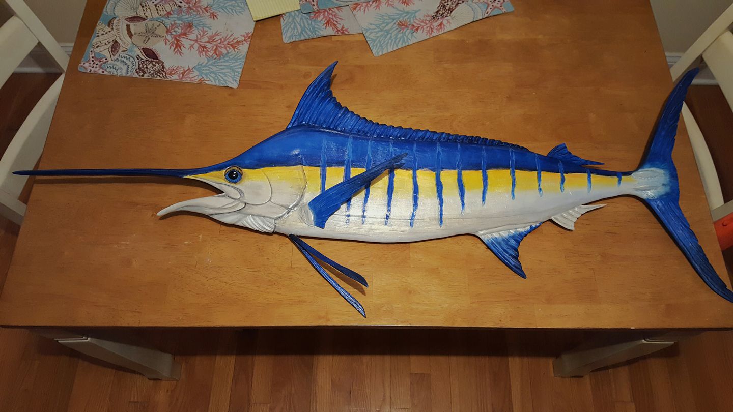 Blue Marlin, hand carved wood and acrylic, 48" r/Art