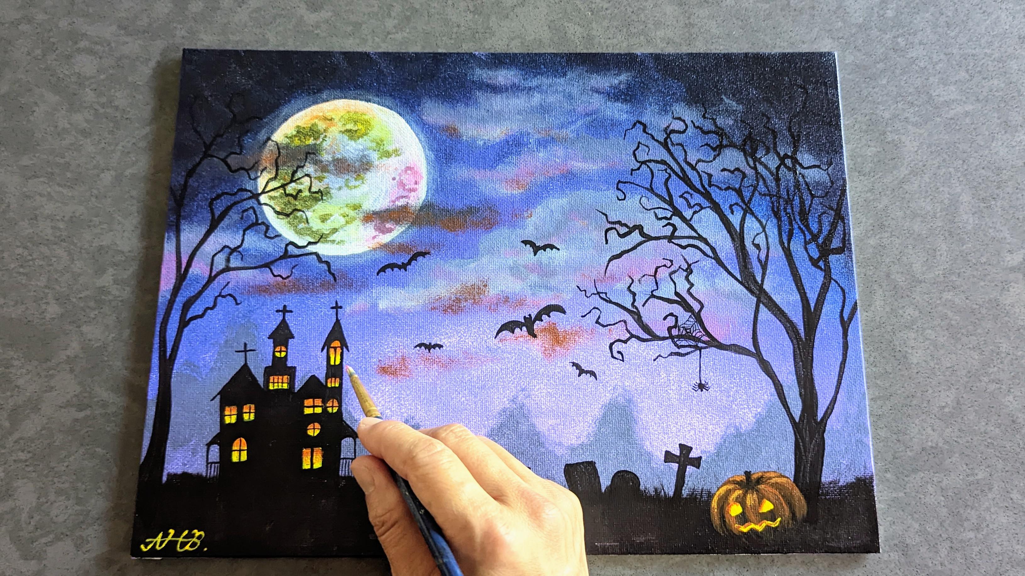Halloween moon night acrylic painting tutorial for beginners, the full