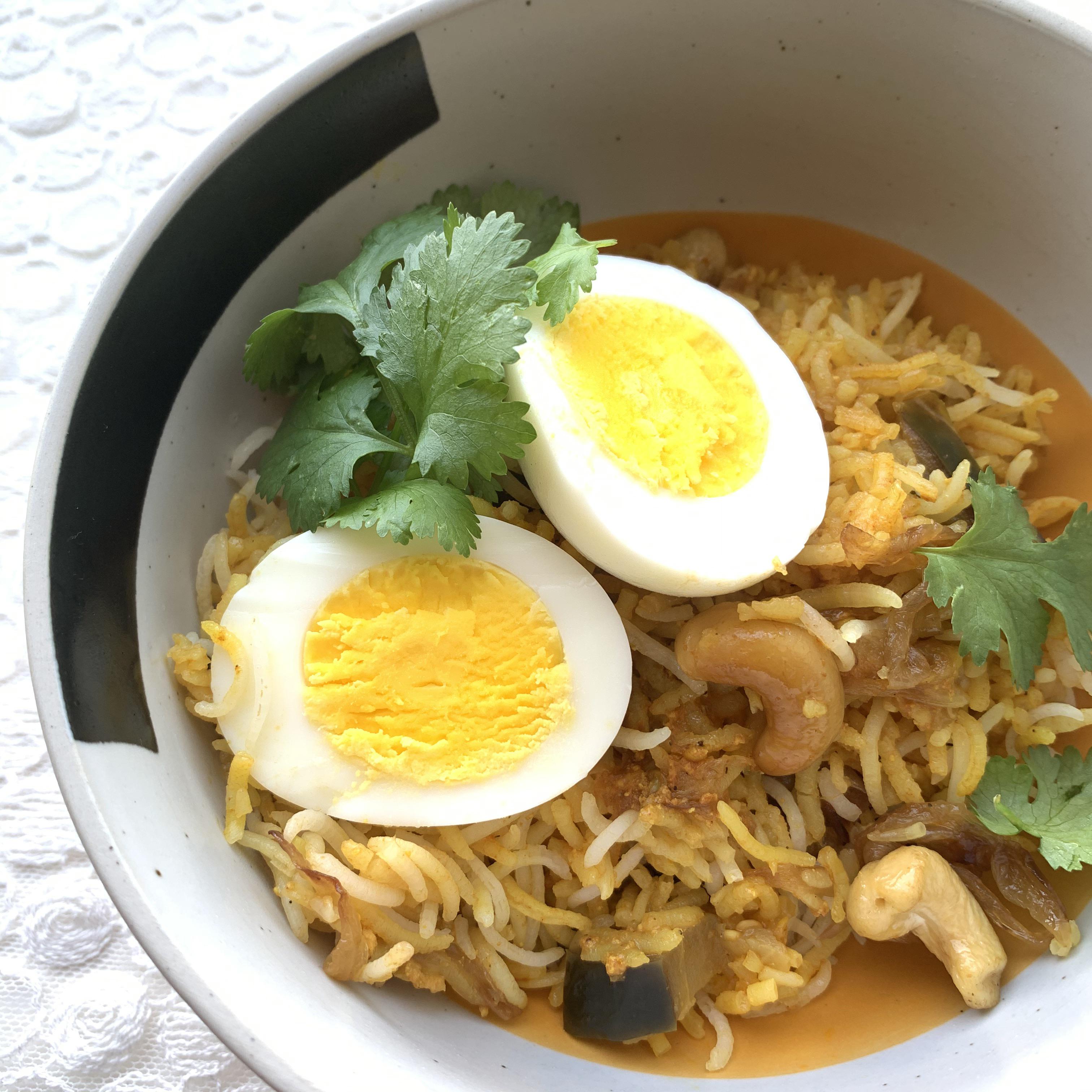 [homemade] Kerala style eggplant and egg Biryani r/food