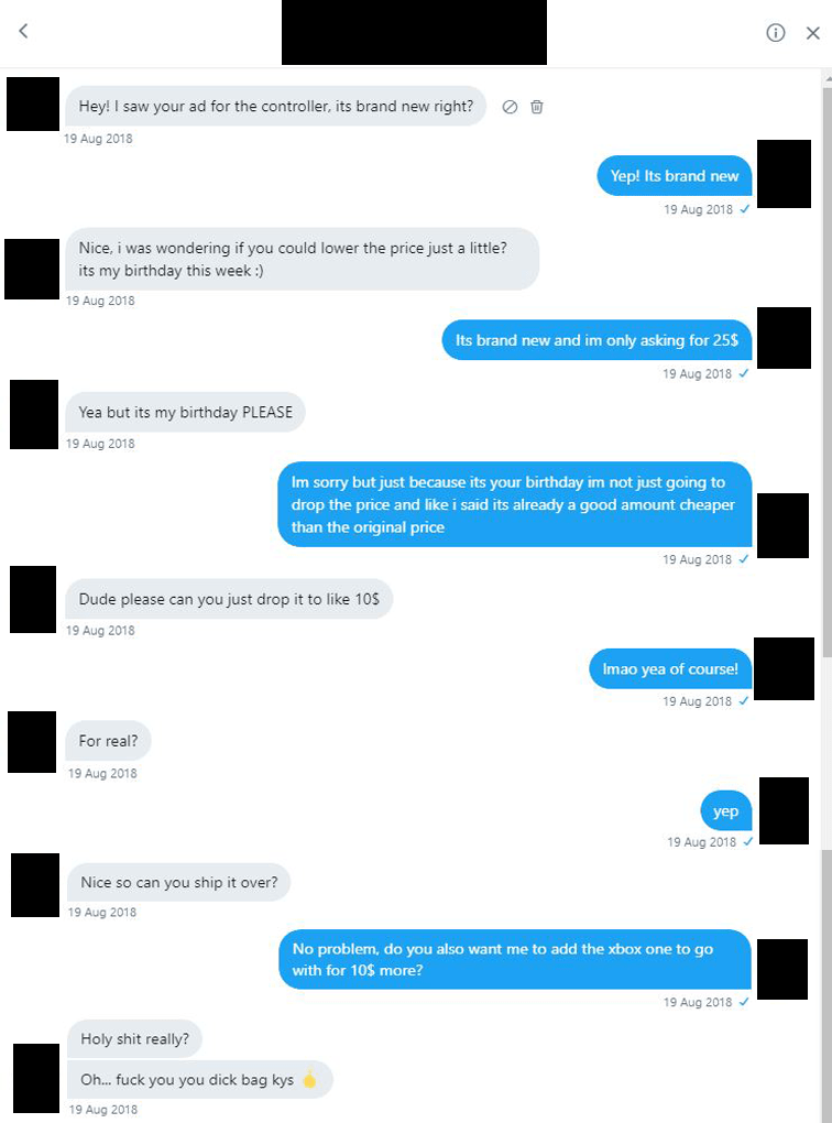 An AD I posted trying to sell my Xbox One controller, turns into a