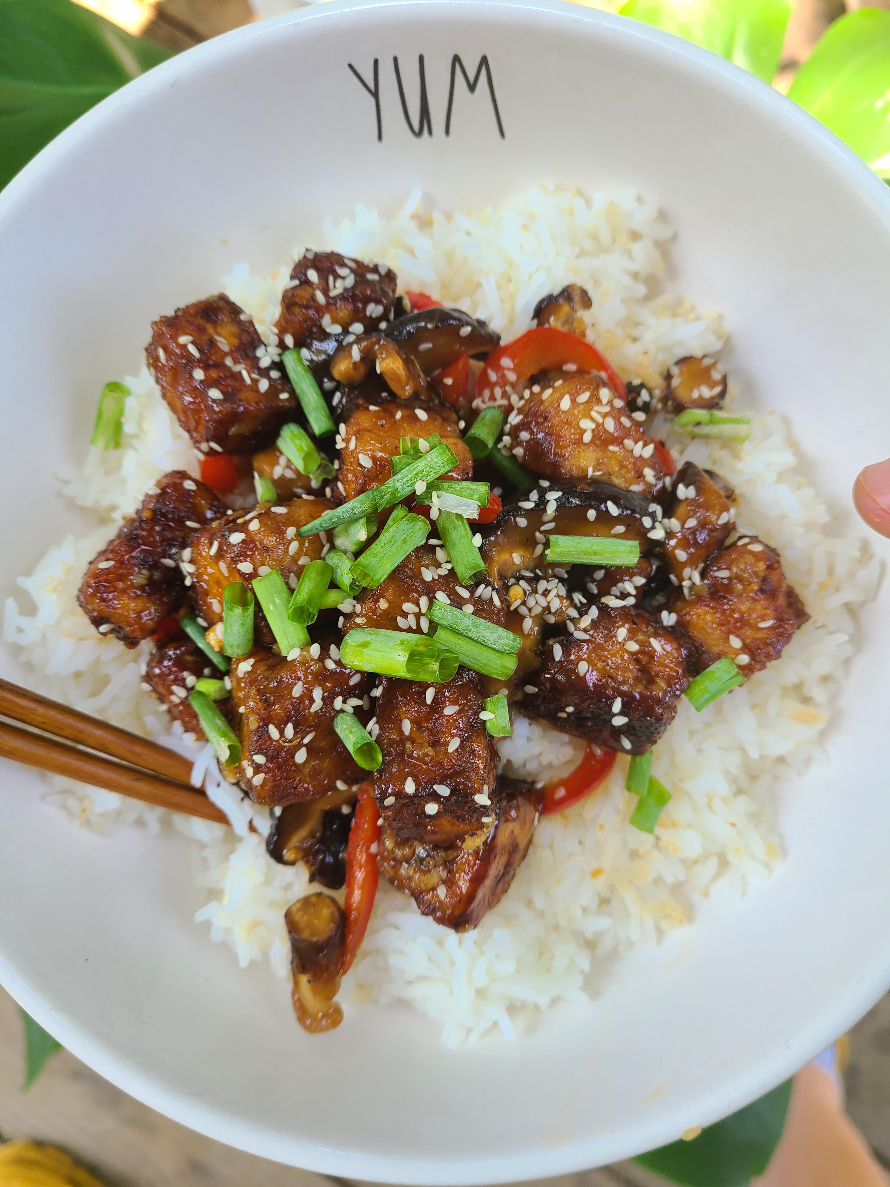orange chicken inspired tofu with shitake mushrooms & red bell peppers