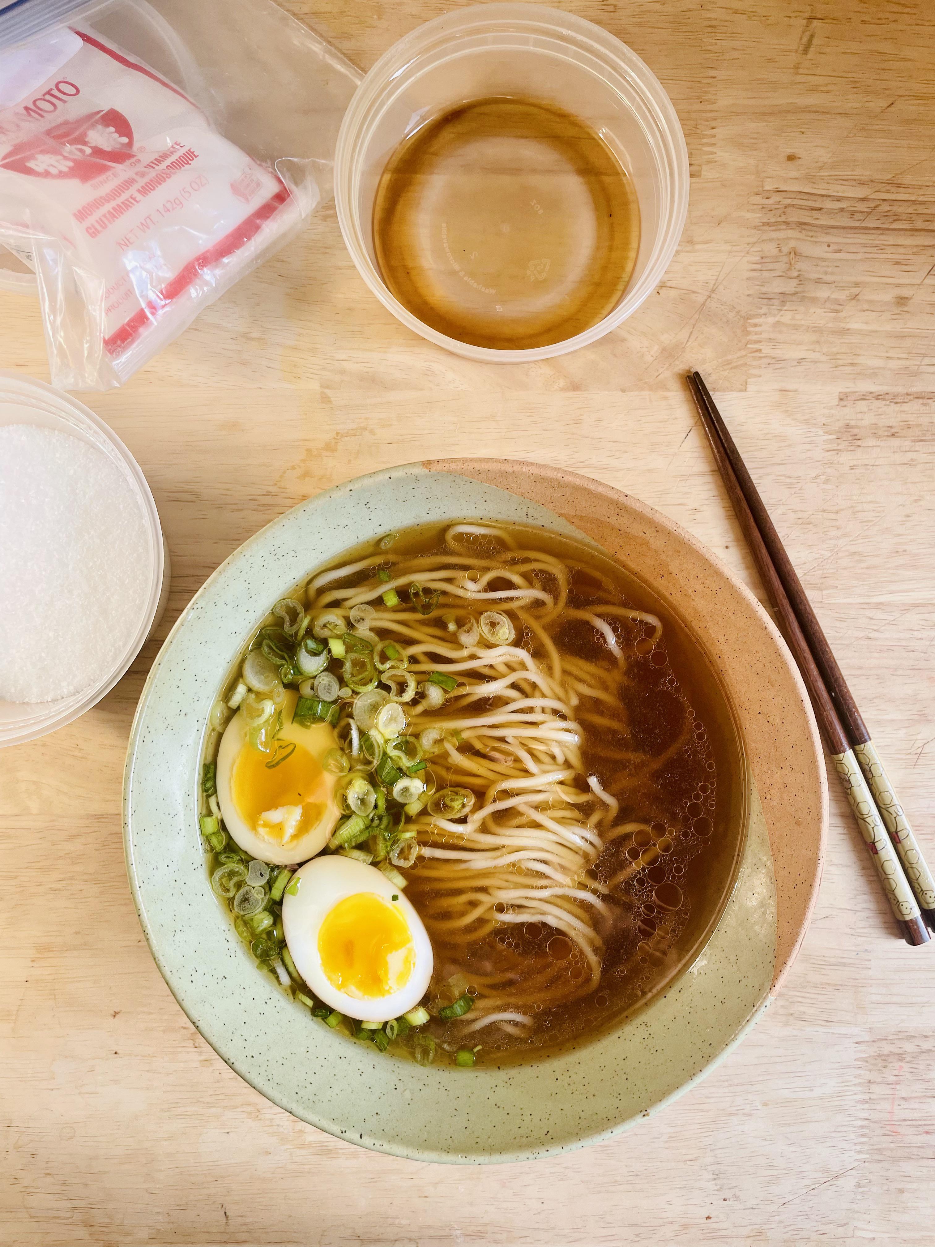 shio ramen with homemade noodles using some pork/chicken/dashi broth (which I tried to clarify