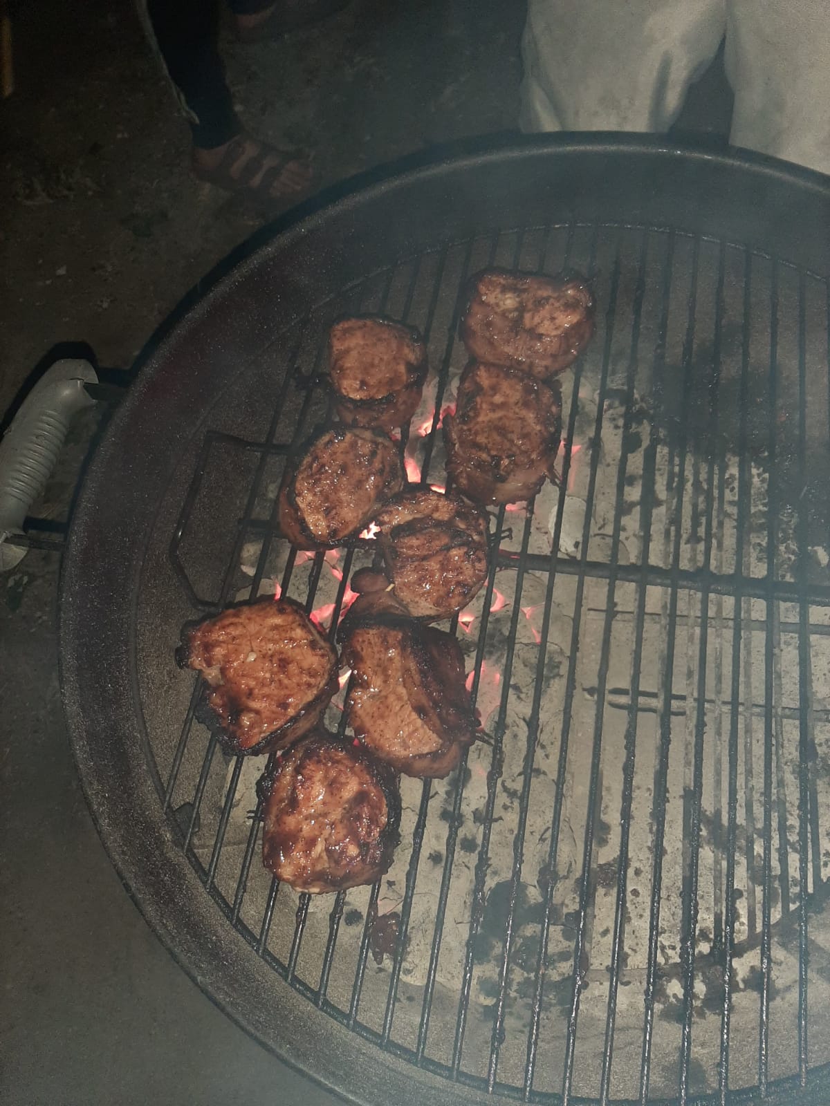 After dark dinnertime! BBQ Coffee Garlic bacon wrapped pork tenderloin