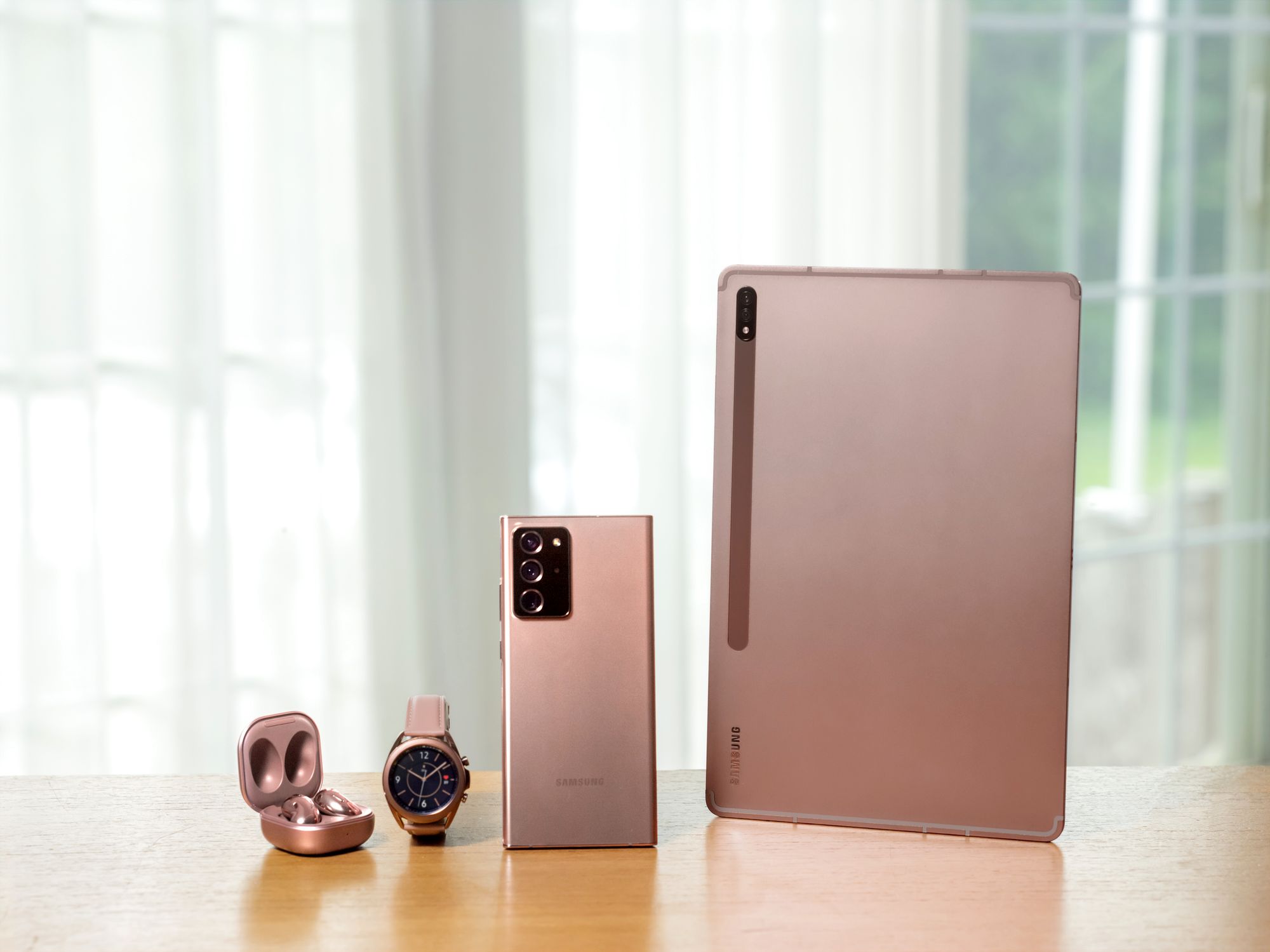 Official Samsung unpacking photo of Note 20 ultra Galaxy watch 3 Fold 2 and Tab s7 pro in copper