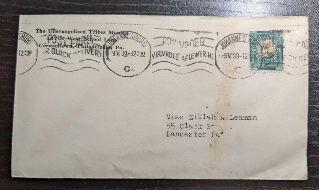 Pennsylvania recipient and return addresses, but South African stamp