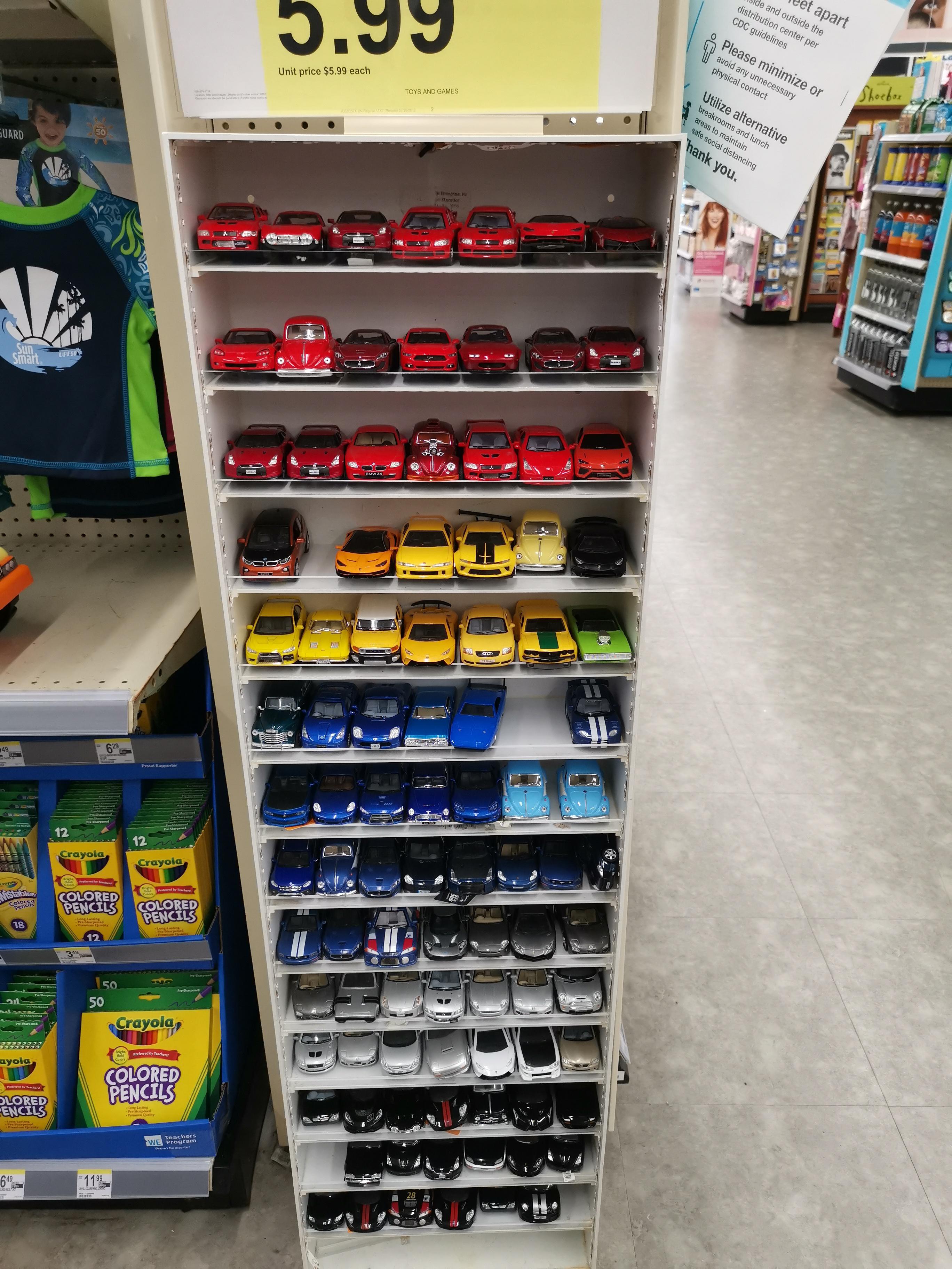 One of my employees organized our die cast car display by color r