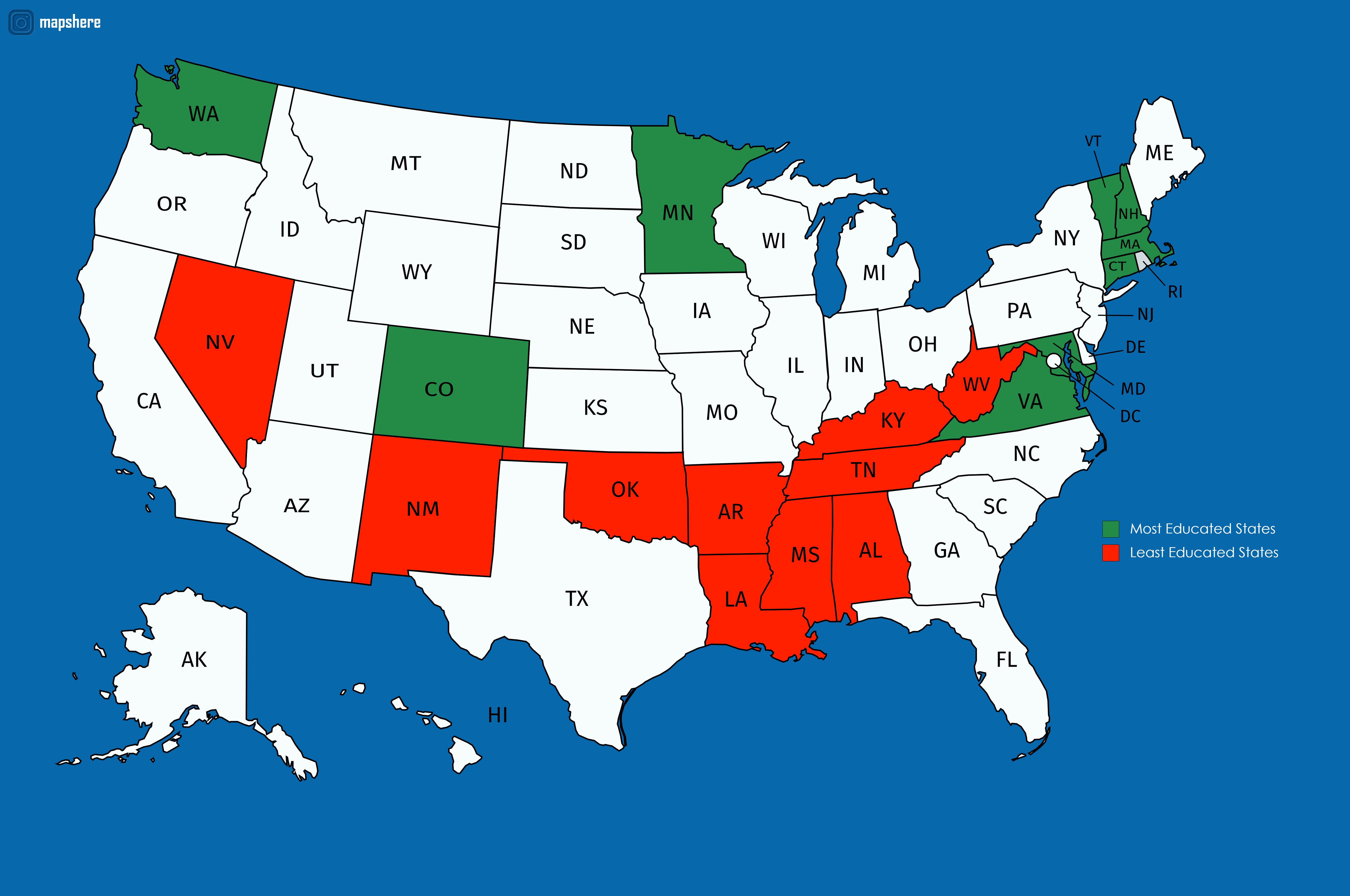 10 Most and Least Educated States r/MapPorn