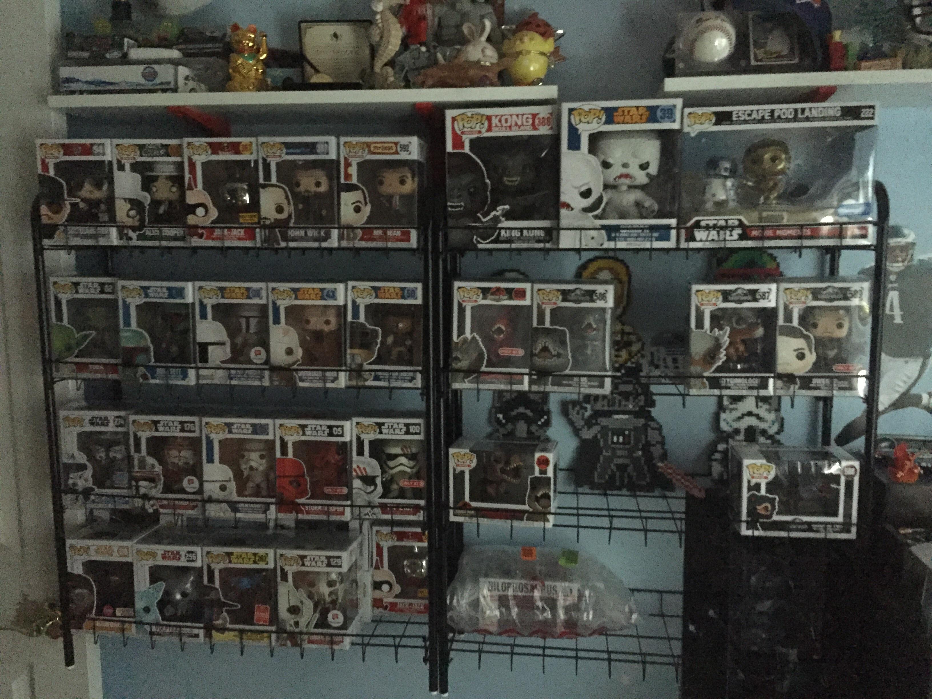 Cheap Funko Pop shelving, 10 Big Lots shoe racks in white or