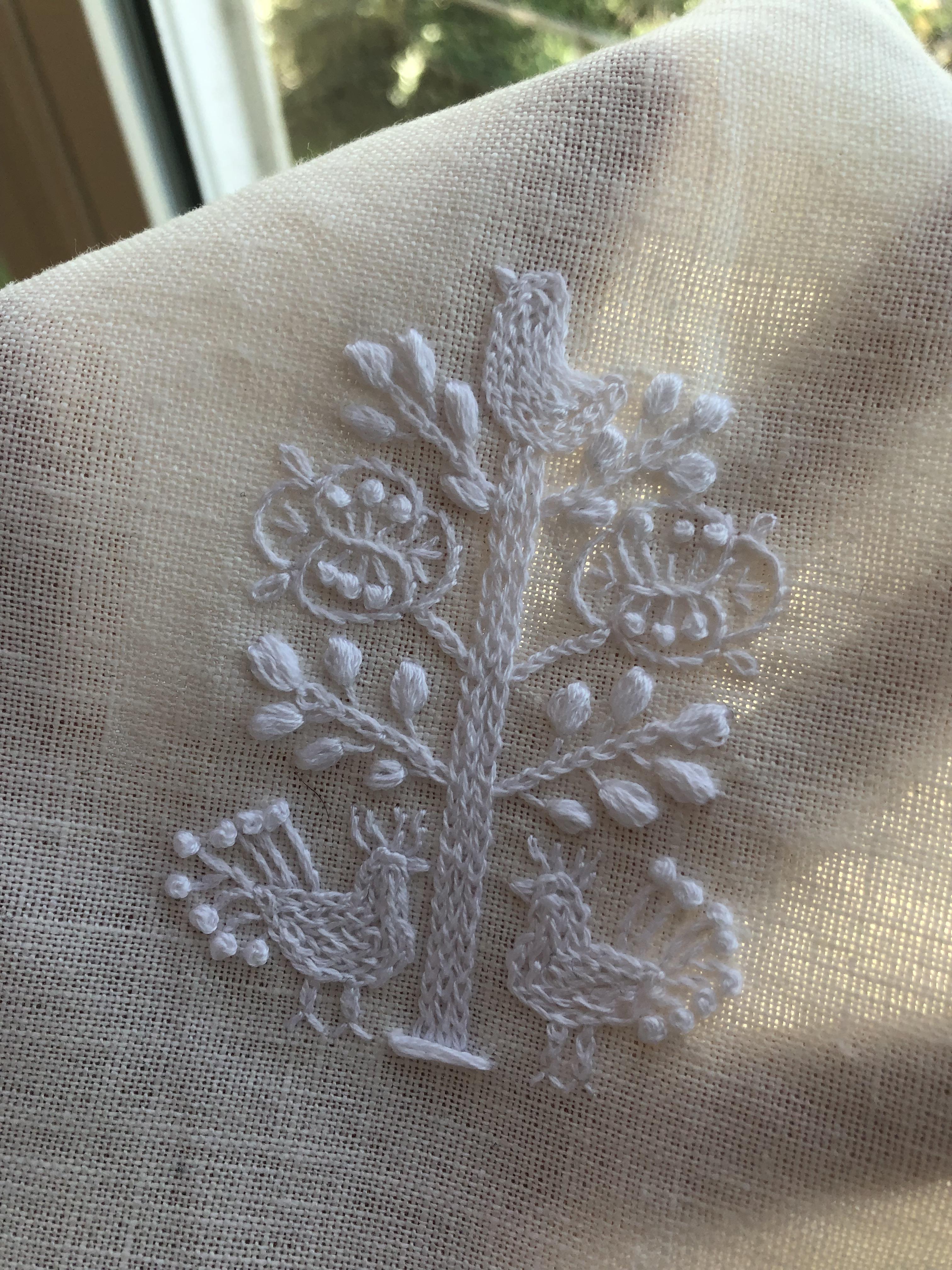 Turns out white on white embroidery is pretty hard to photograph. More
