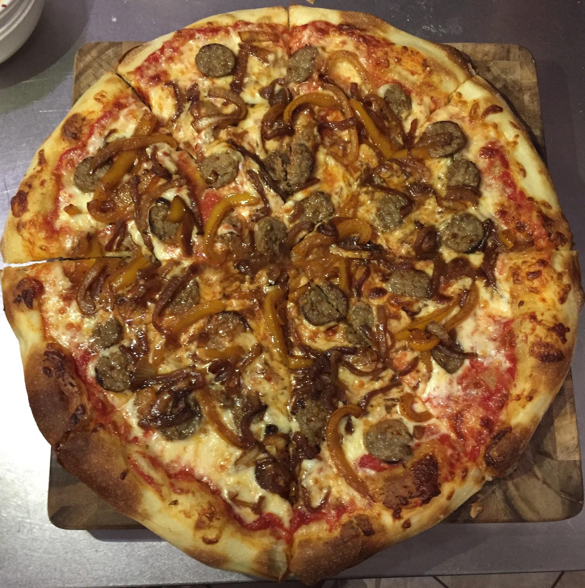 Spicy Italian sausage, grilled peppers and onions r/Pizza