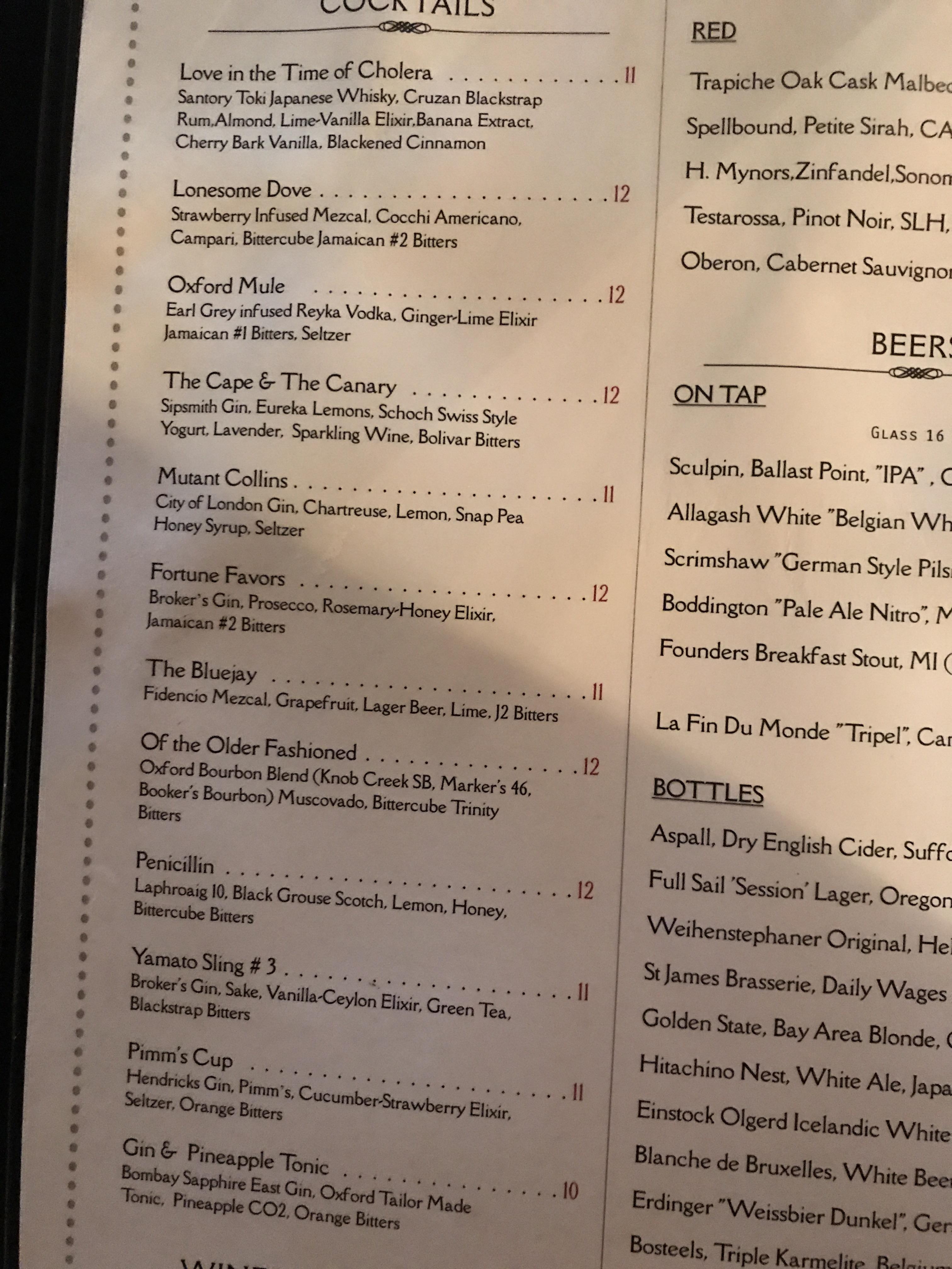 This is the menu for the oxford in sunnyvale. Their cocktails are