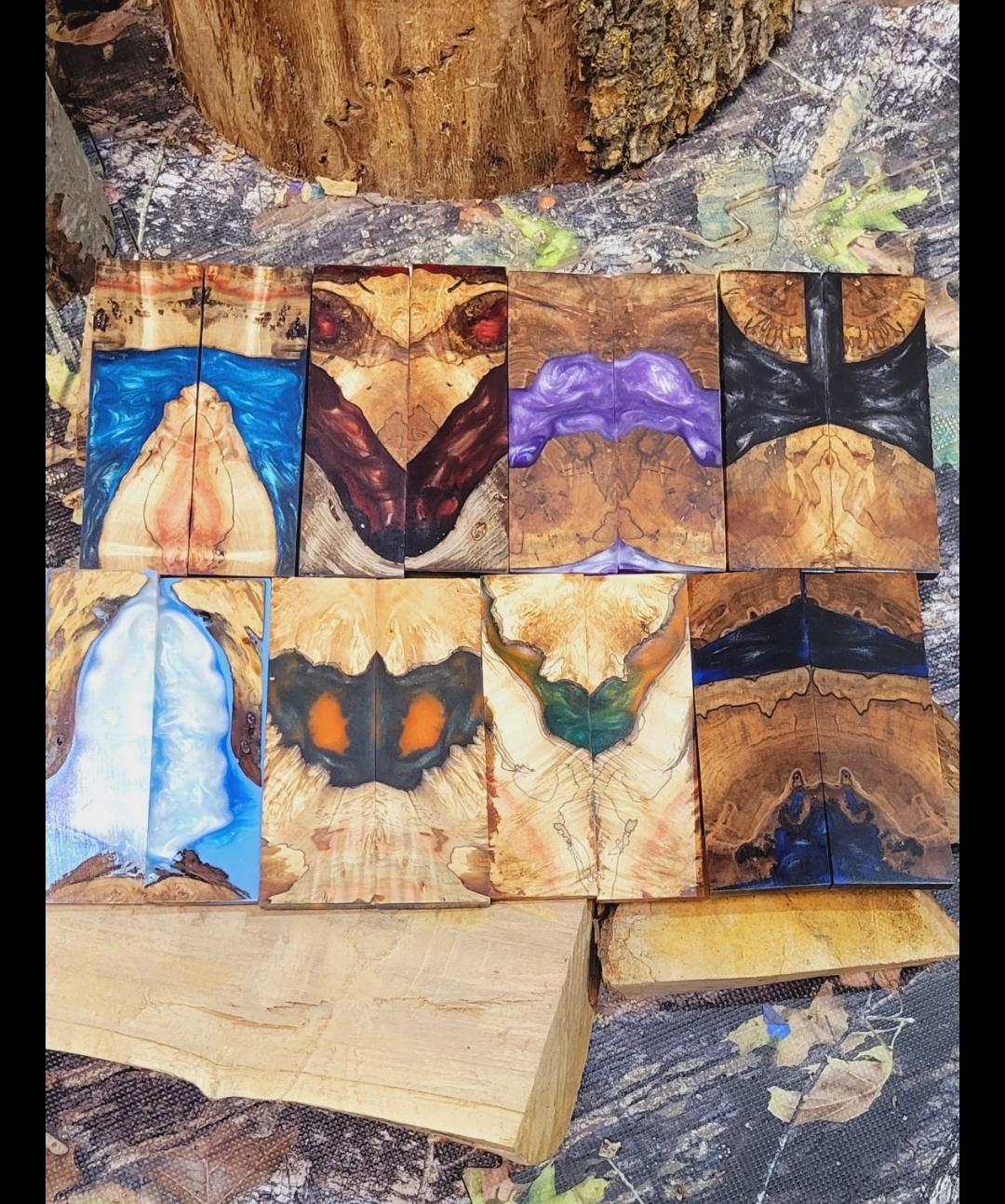 A few new sets of hybrid burl/alumilite resin knife scales! The Orange