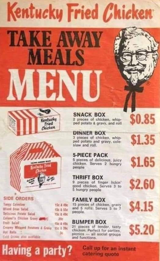 KFC Menu. 1970s. r/nostalgia