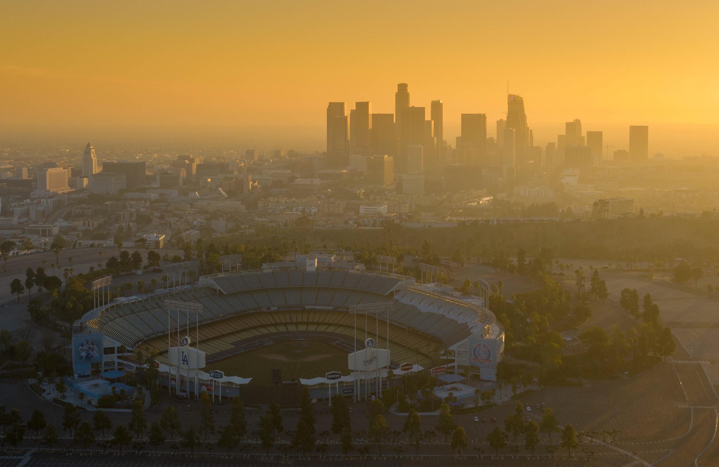 Dodgers Stadium at sunset. Los Angeles, California r/drones