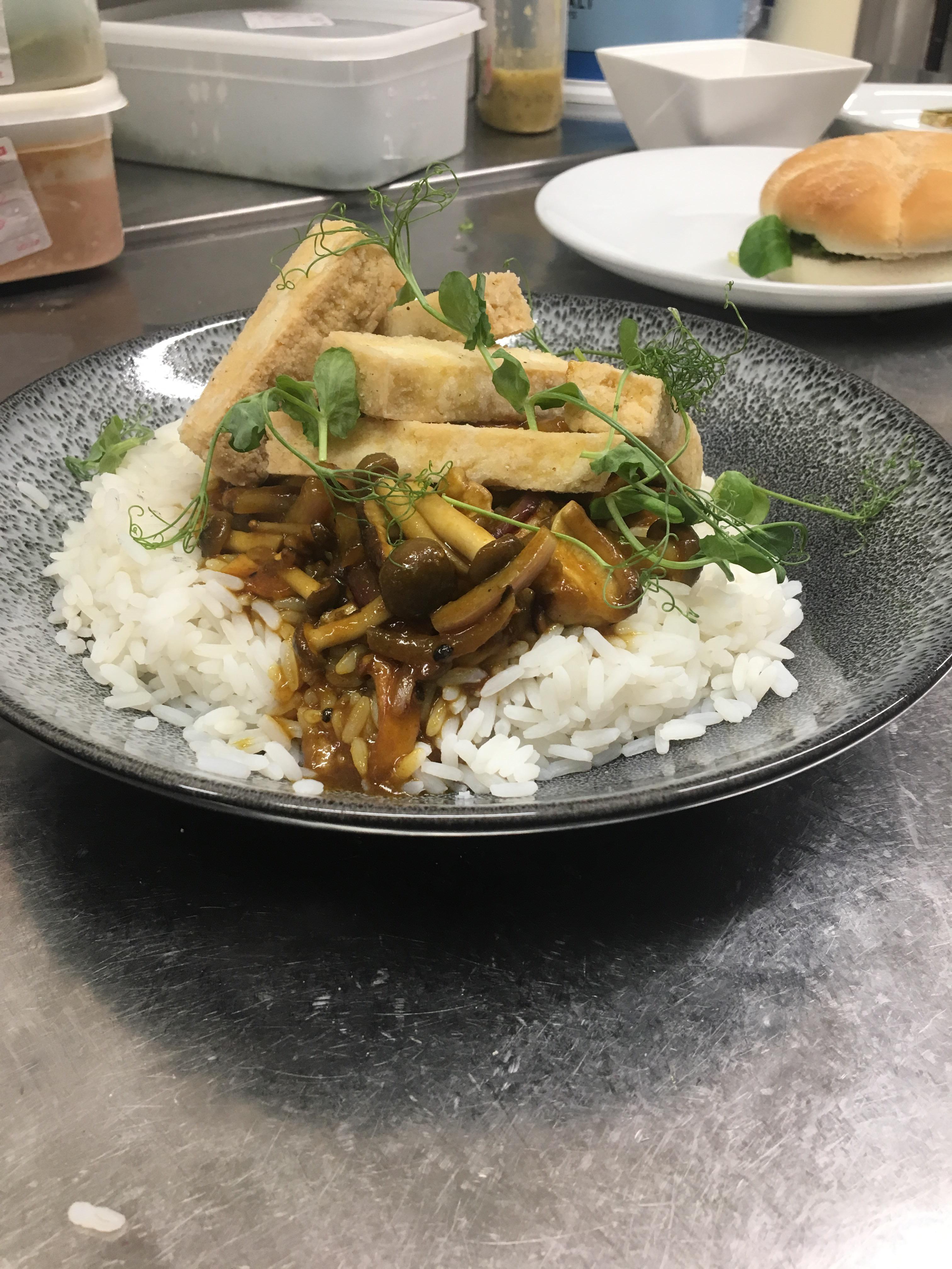 Wild mushroom katsu curry with deep fried tofu for today’s special