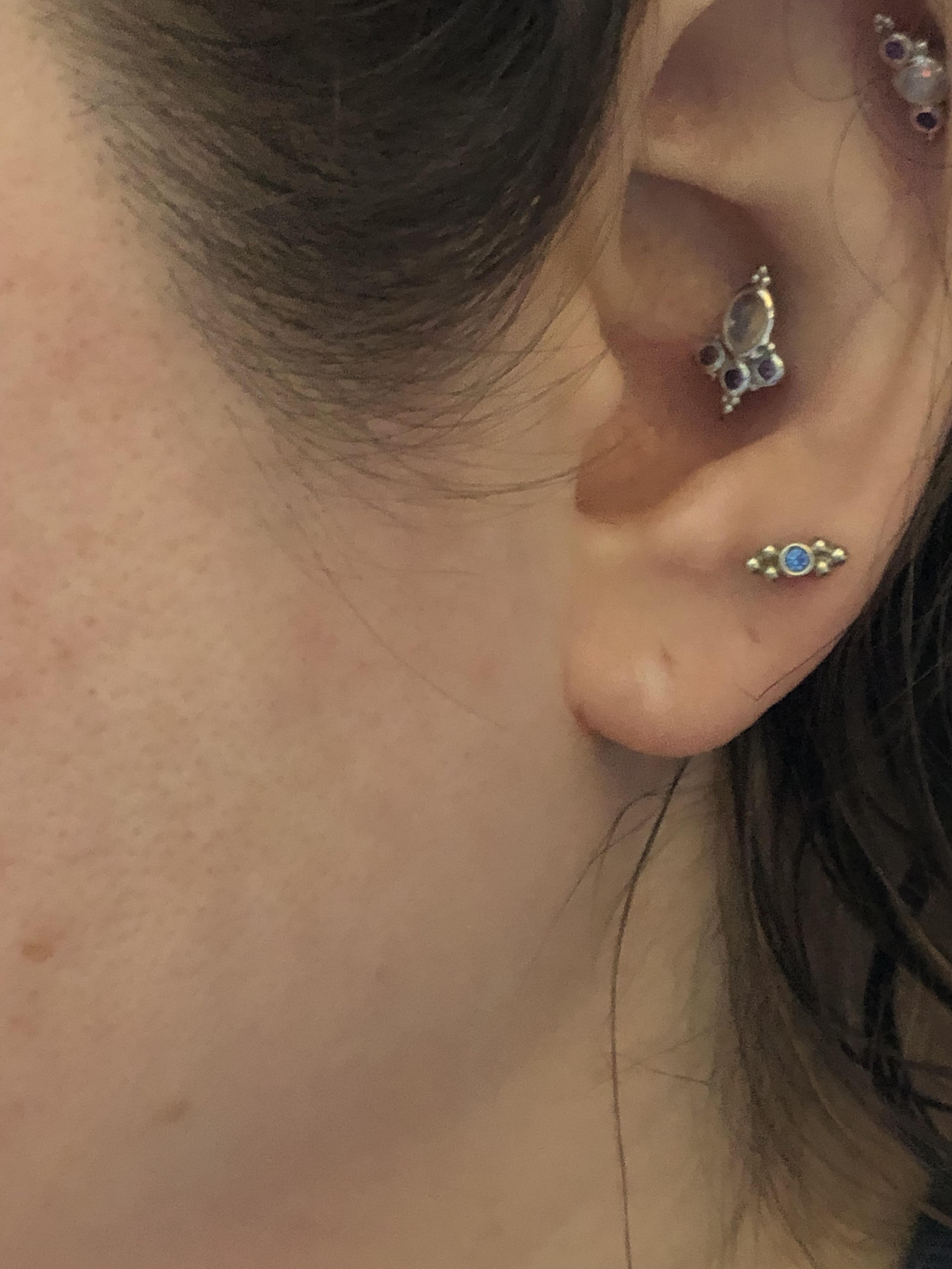 New conch and third lobe piercing by Jen at Brilliance Piercing. Conch