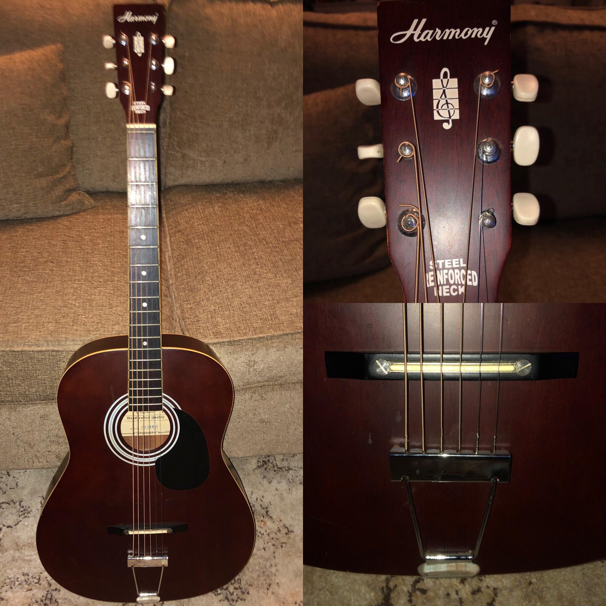 Harmony acoustic guitar. This thing has a bridge that isn’t set like most modern acoustic