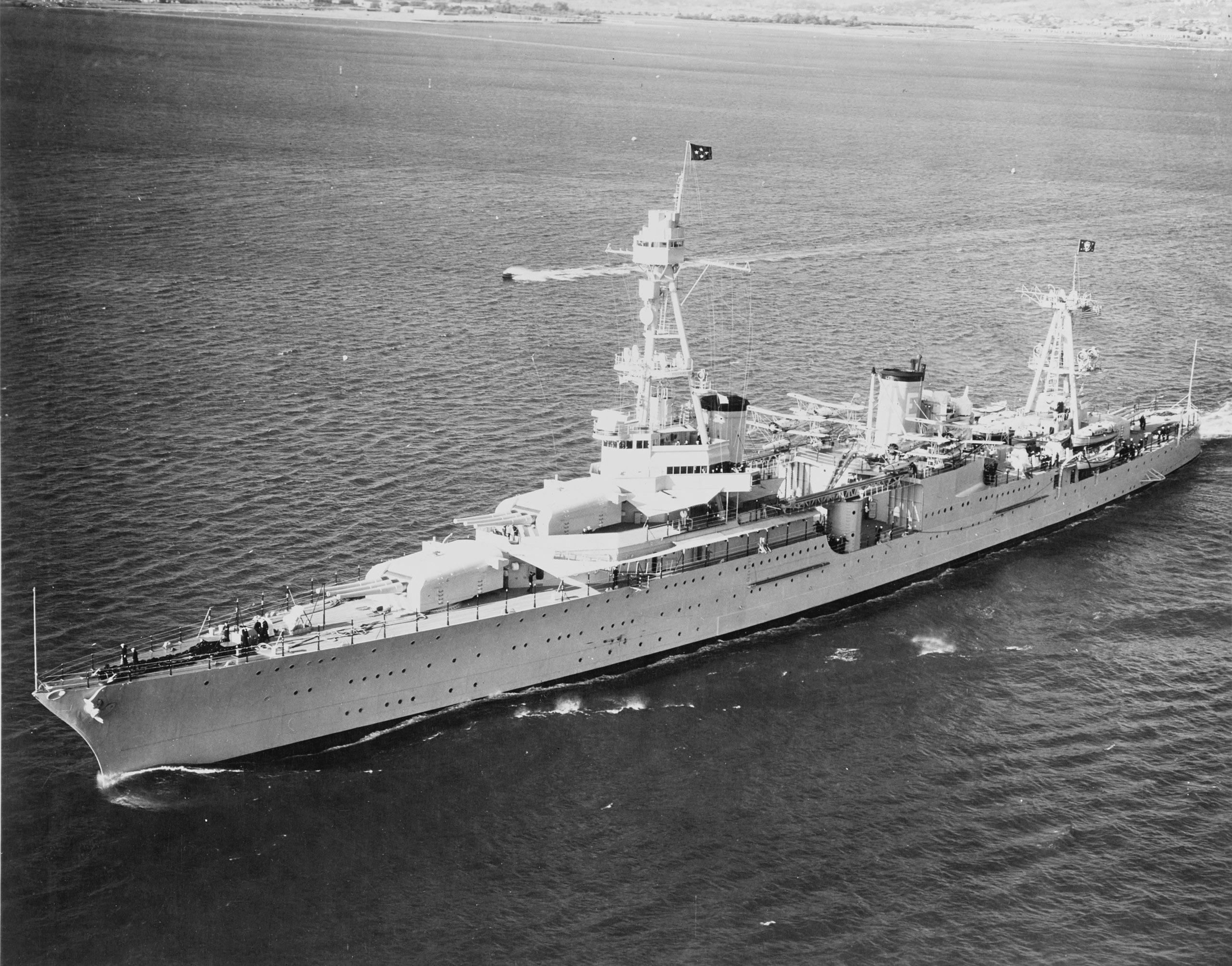 The U.S. Navy heavy cruiser USS Houston (CA30) off San Diego, California (USA), in October 1935