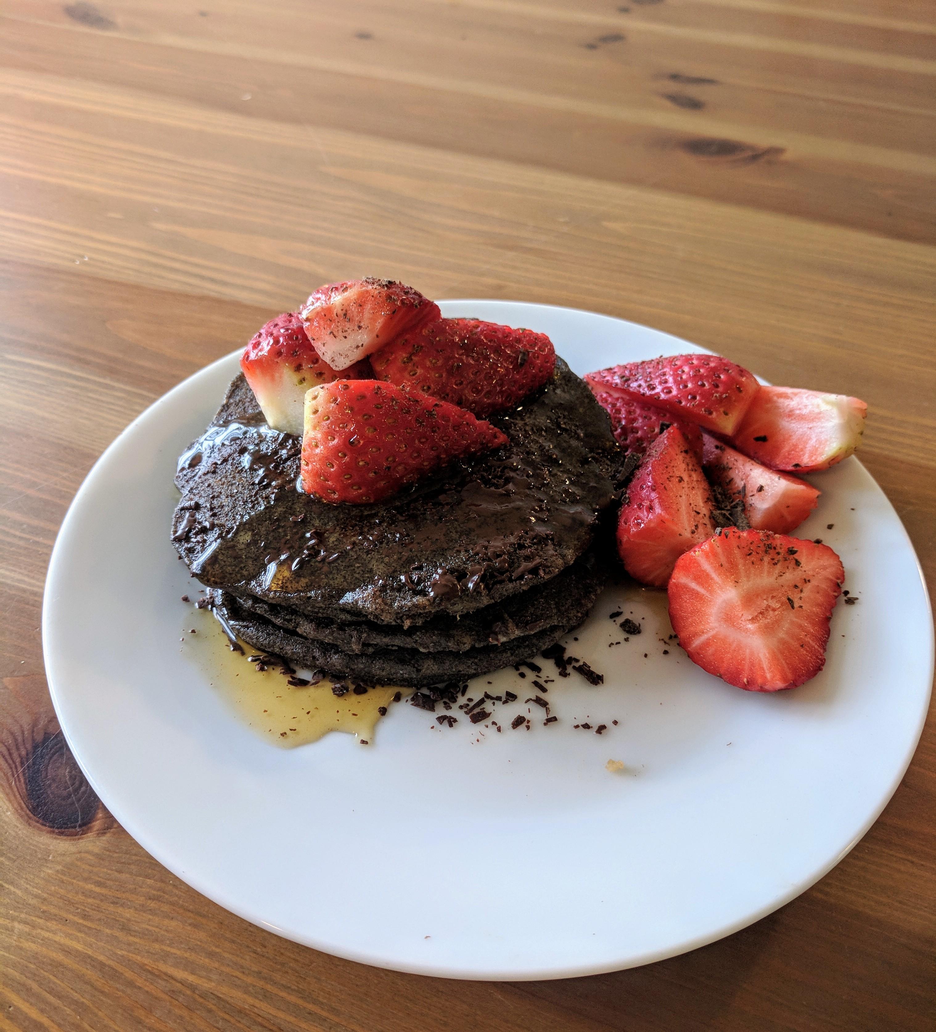[Homemade] Dark Chocolate Buckwheat Pancakes with Maple Syrup and