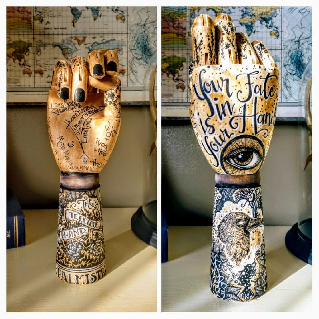 Discount articulated wooden hand I made into a palmistry hand. r/crafts