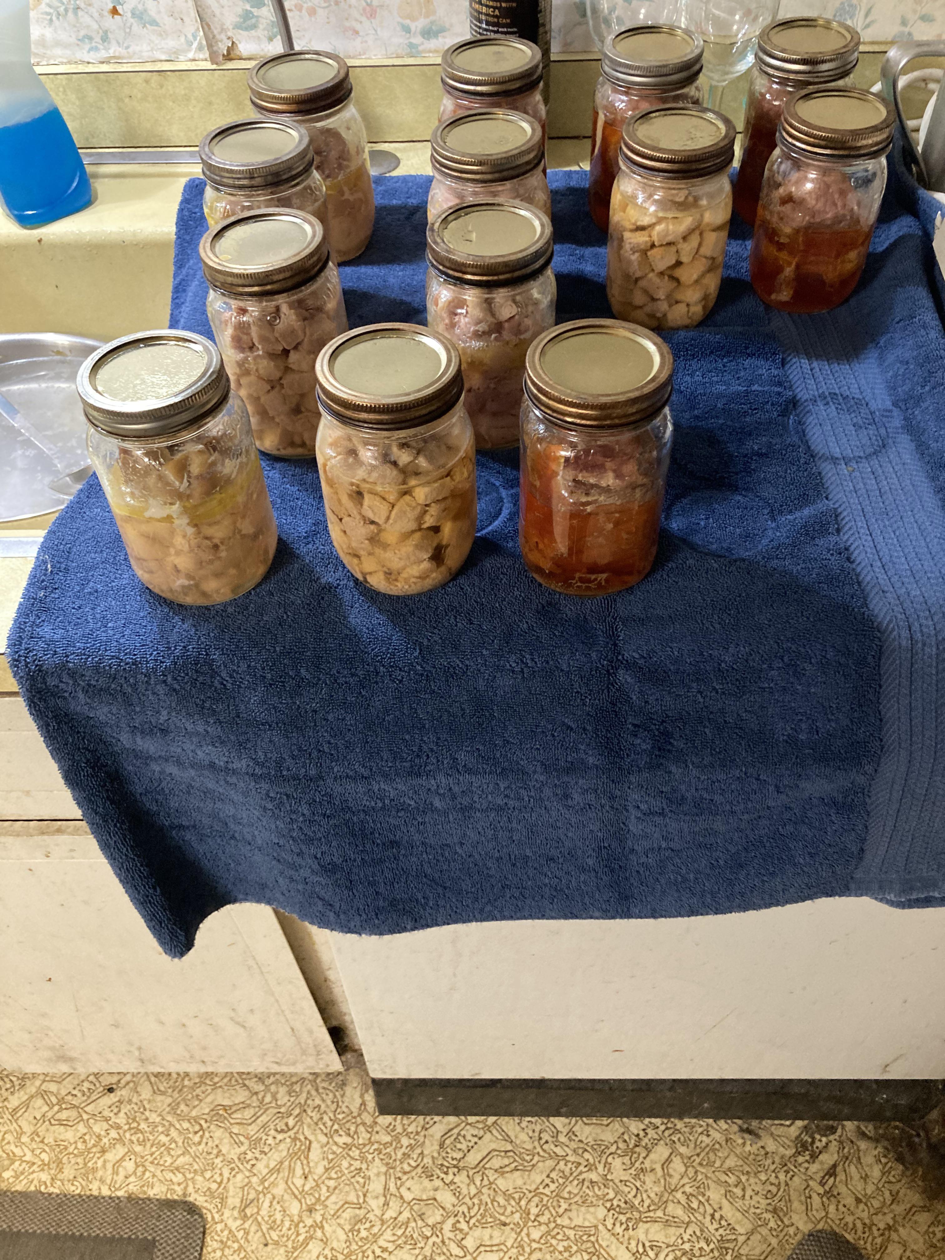 Raw pack boneless, skinless chicken thighs, hot packed pork cubed, pot