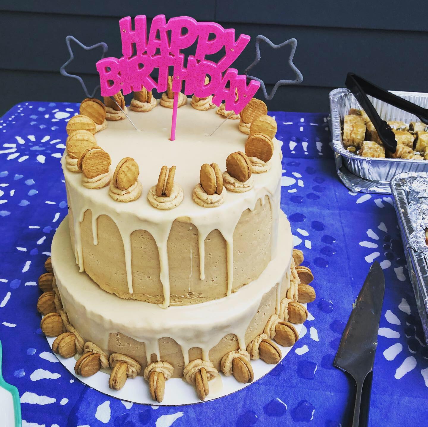 Peanut butter cake with peanut butter frosting and white chocolate