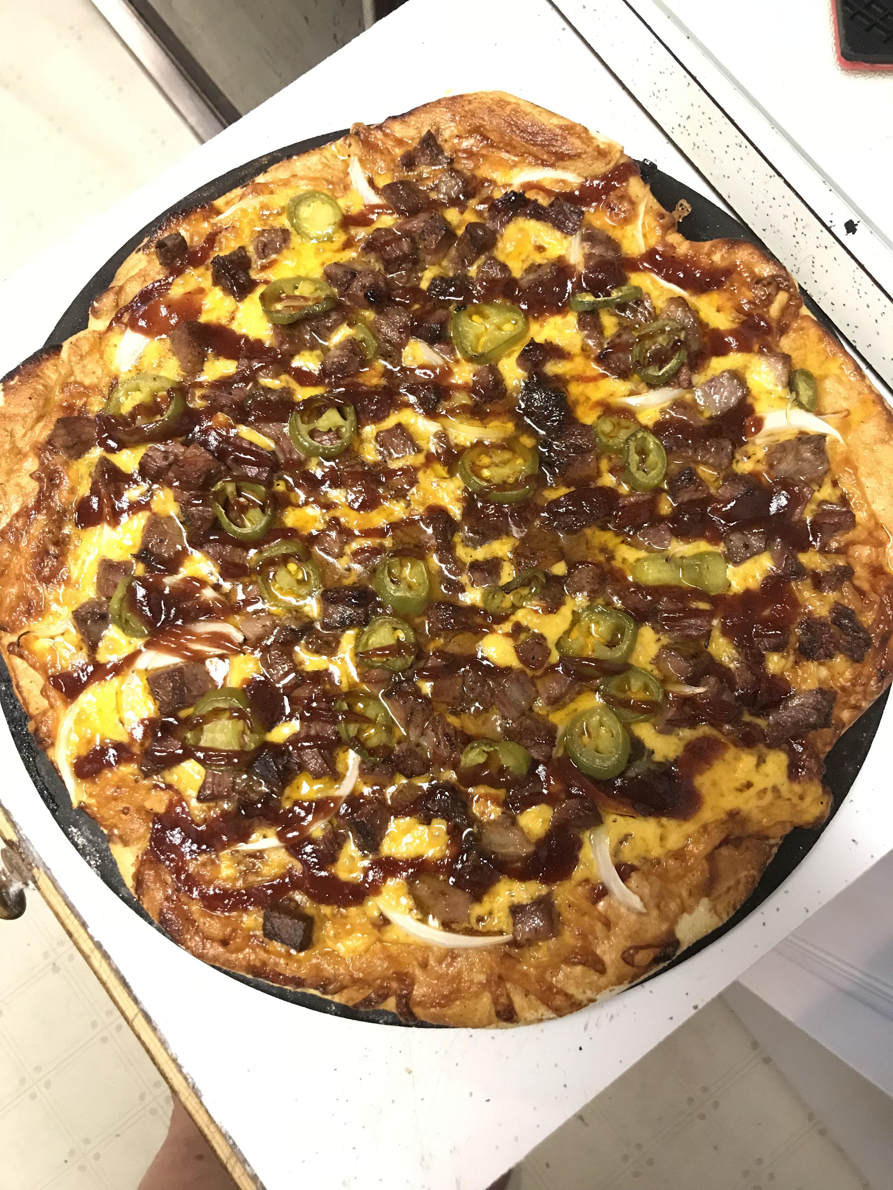 Smoked brisket pizza on my jr elite r/Traeger