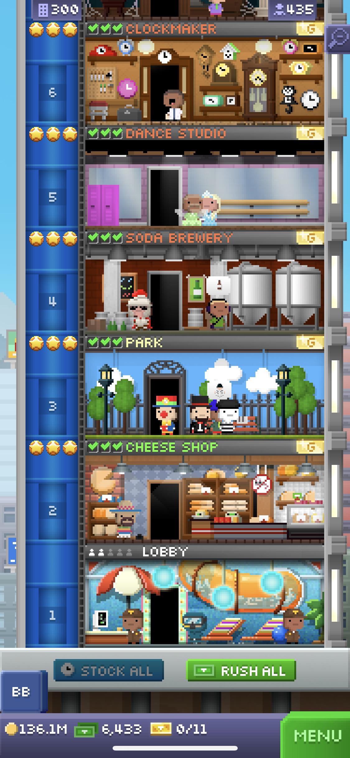 300 floors, all residents have dream job and lvl 9, won 11 golden