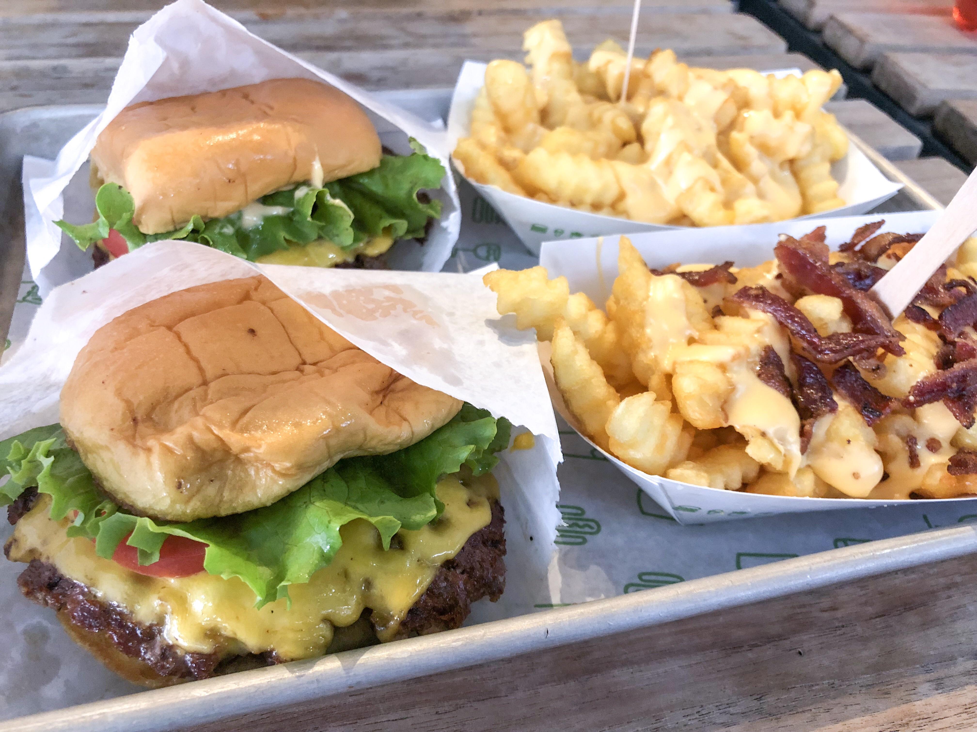 [OC] Shake Shack Single Shack Burgers w/ cheese and bacon fries r
