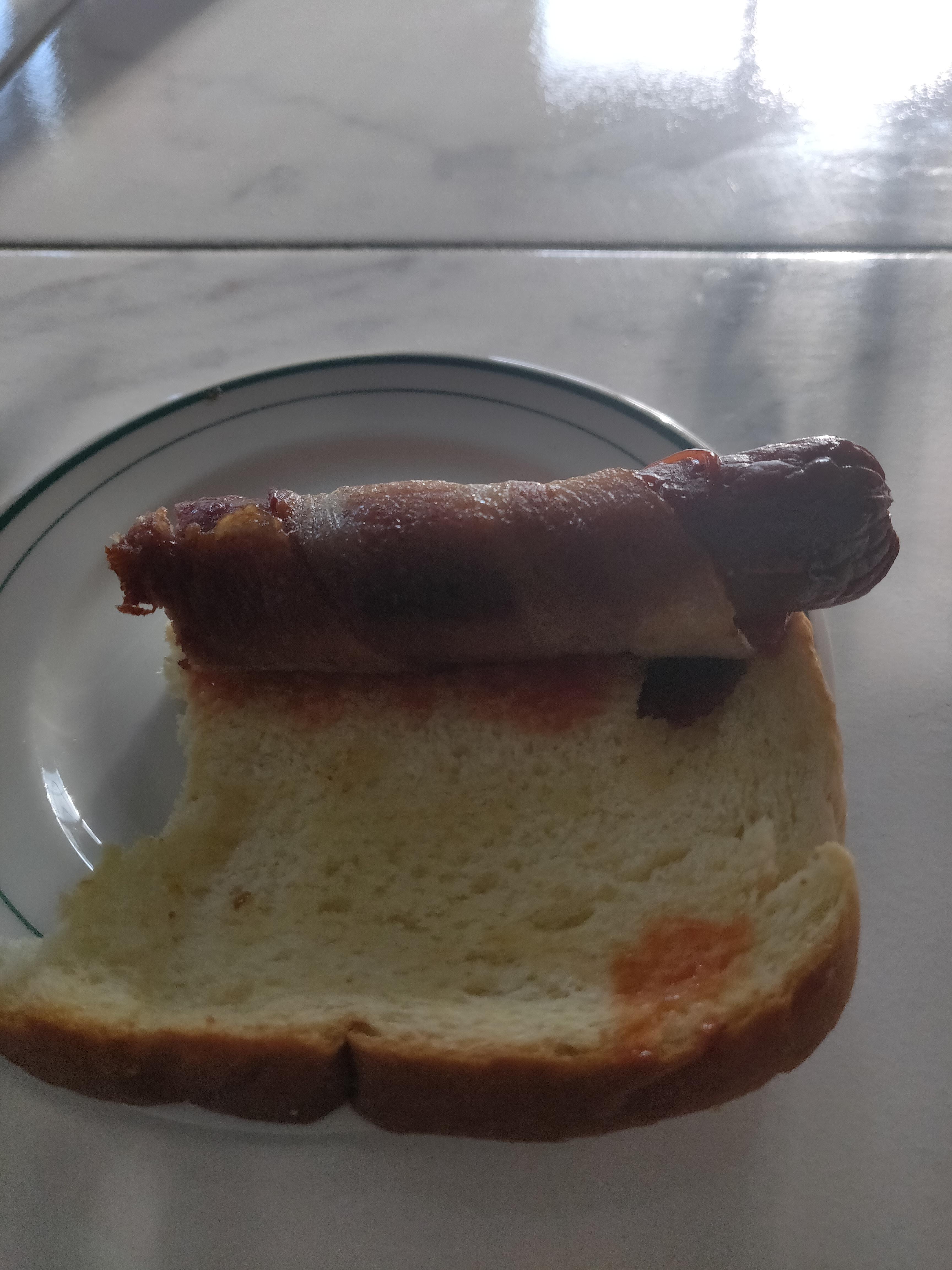 Fiveyear old freezer burnt bacon wrapped hot dog in a bread. 7/10 r