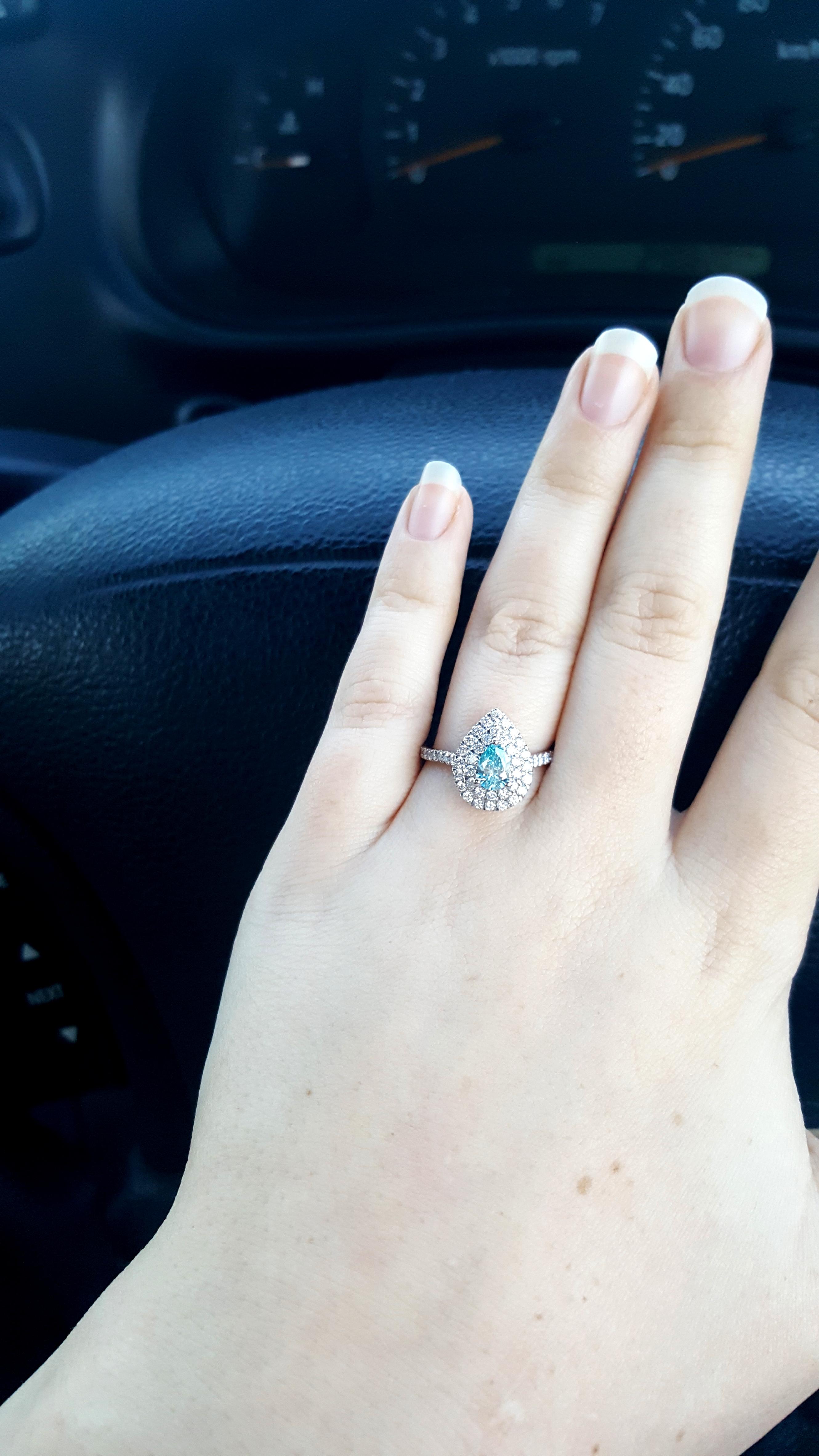 My Fancy intense natural blue coloured diamond pear engagement ring. So