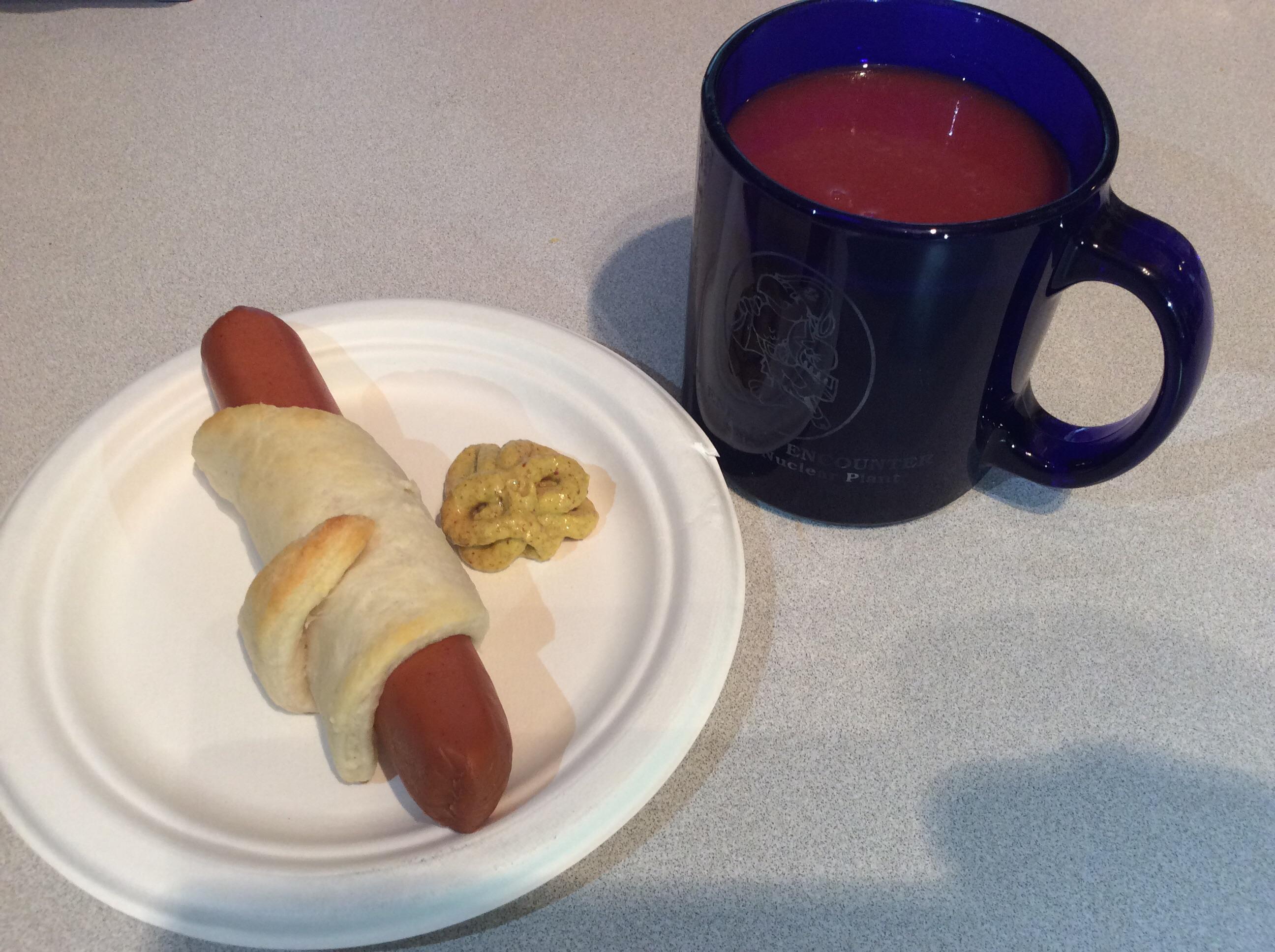 Earth Grown (Aldi) Vegan dog, Annie’s crescent roll, Aldi tomato soup