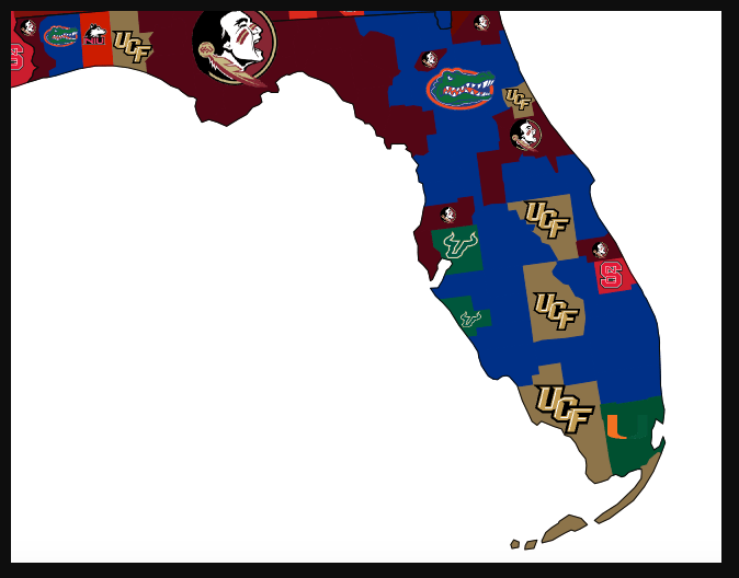 Most popular college football teams in Florida by county r/MapPorn