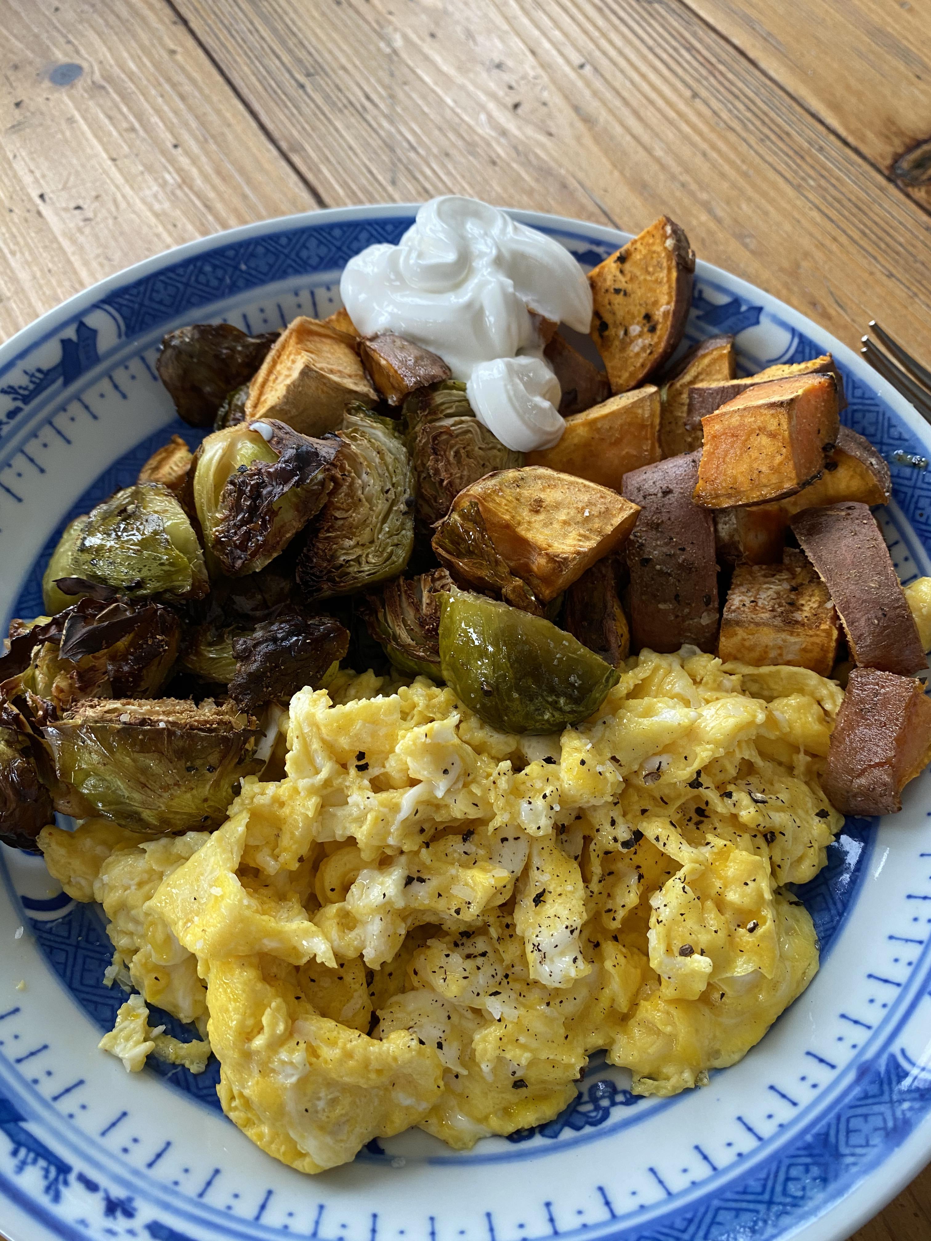 [homemade] sweet potato, scrambled eggs, brussel sprouts r/food