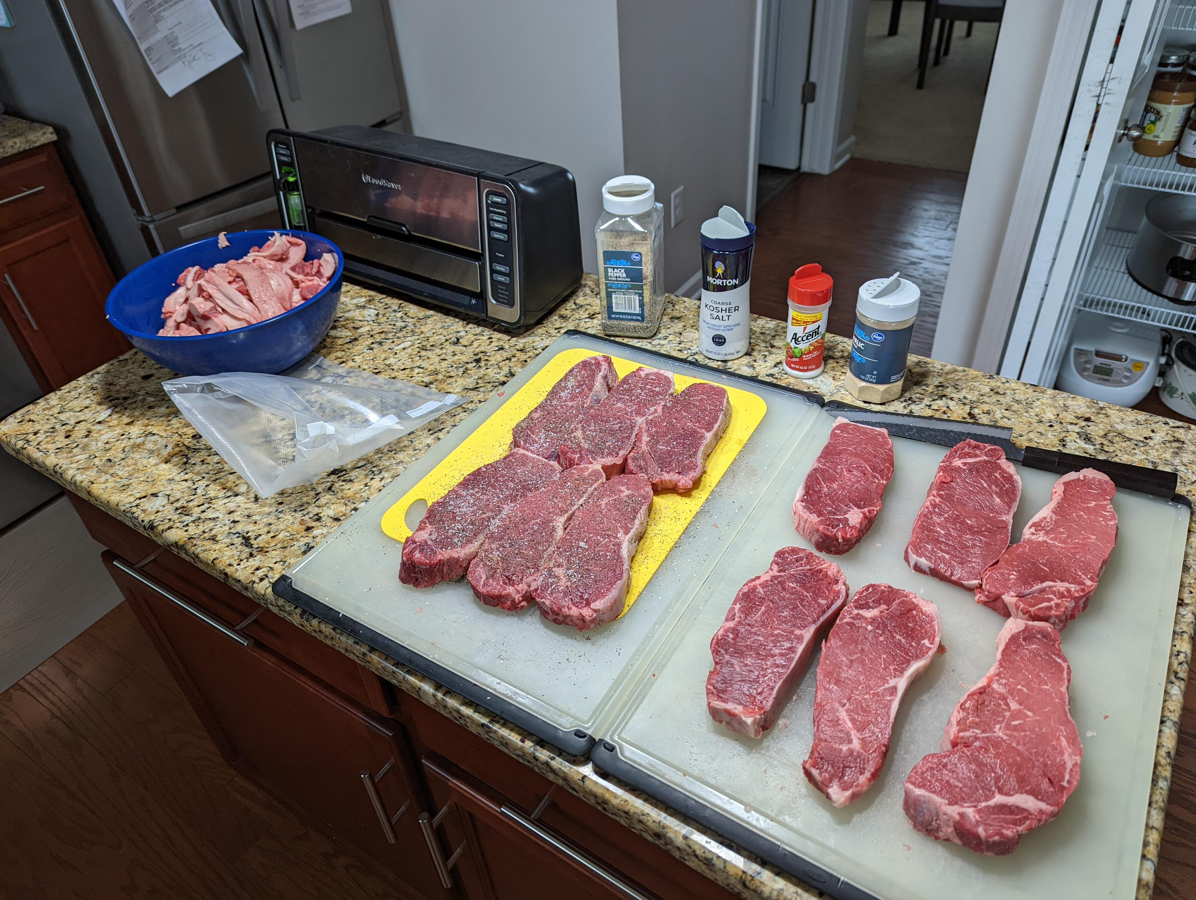 Picked up a Costco strip loin! Seasoned 6 of them for easy sous vide