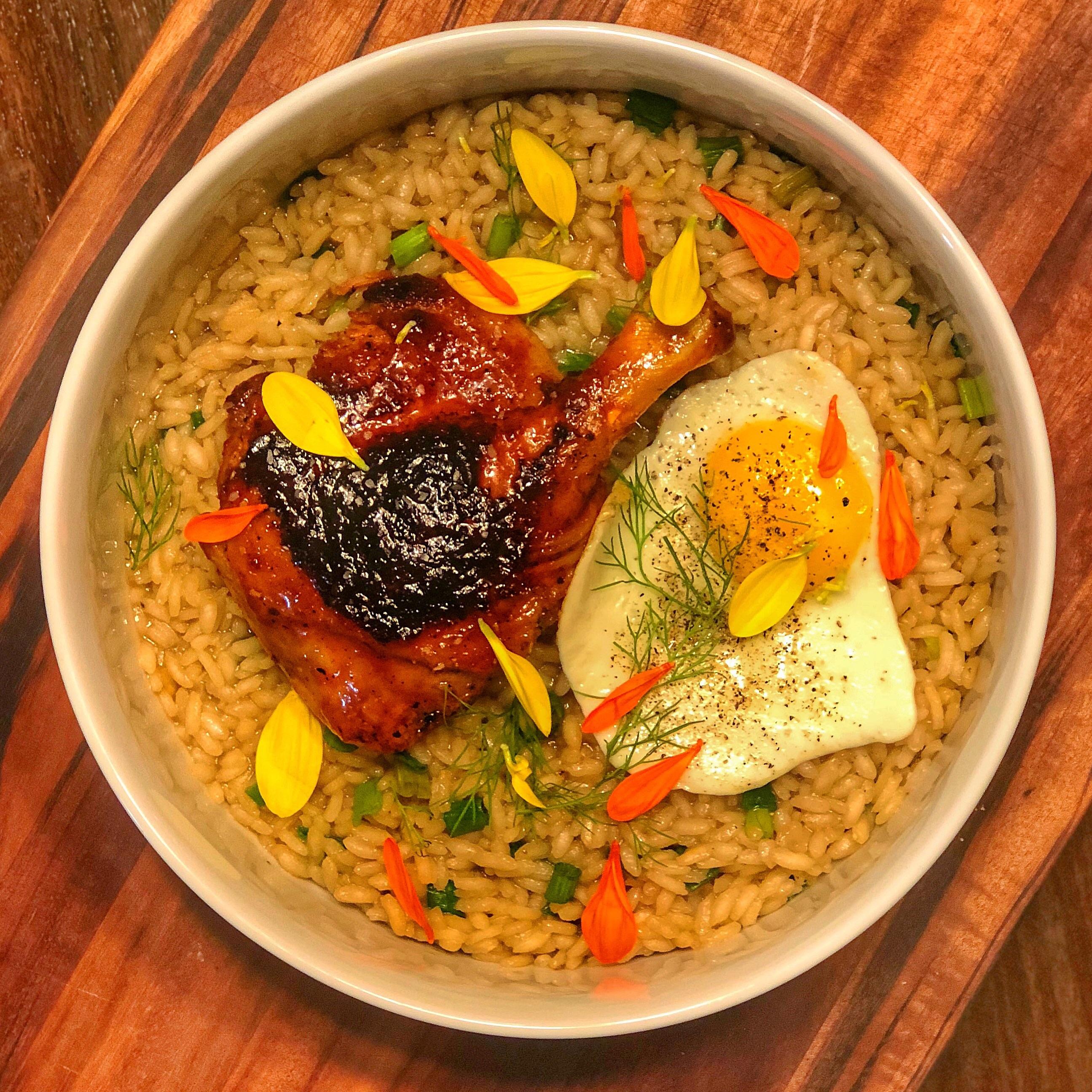 Gochujang Glazed Duck Leg, Porcini Risotto, Duck Fat Fried Egg r/sousvide