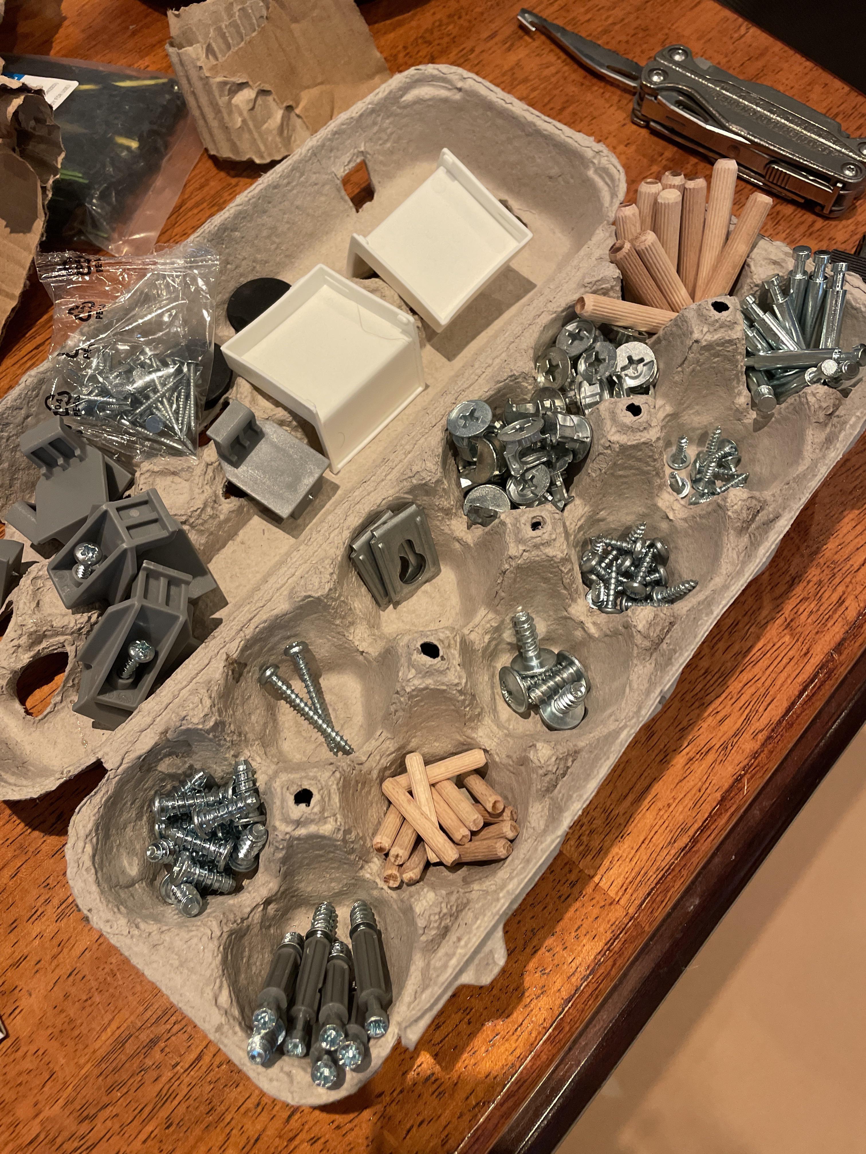 Empty egg cartons make great organizers for nuts and bolts. Or ikea