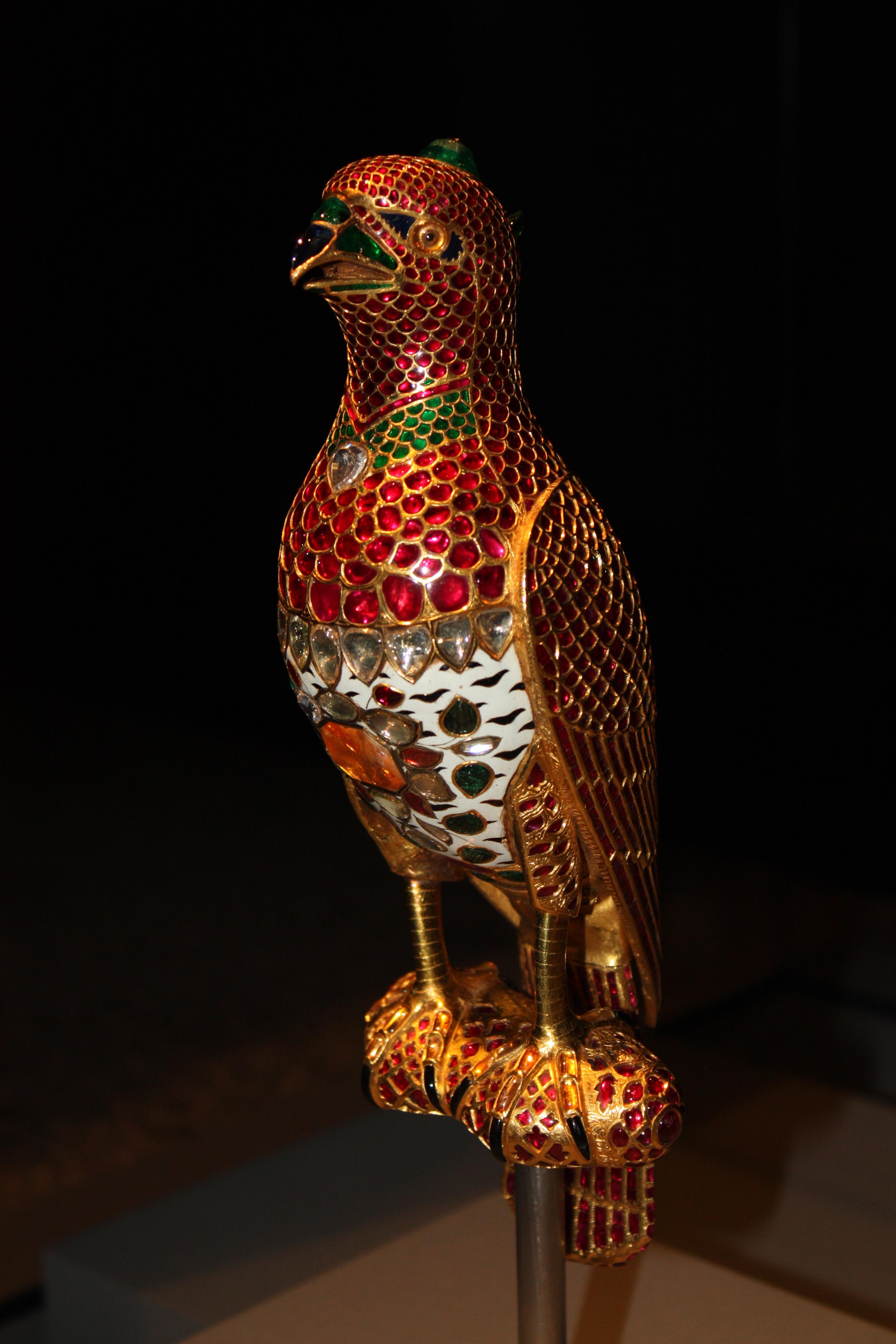 Jeweled Falcon made with gold, enamel rubies, emeralds, diamonds