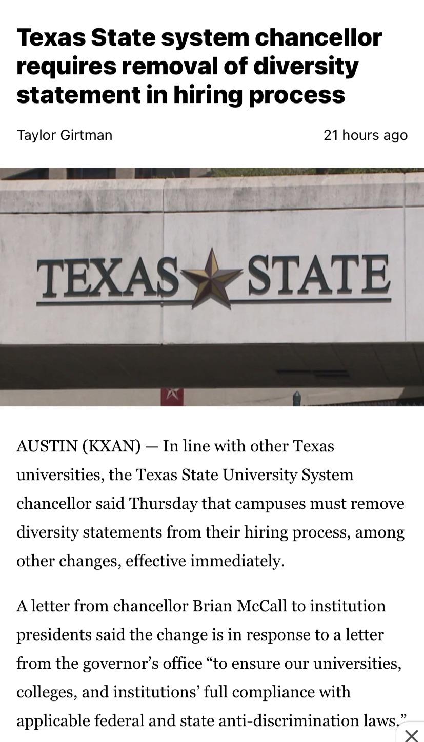 Texas State University will be dropping DEI statements from their