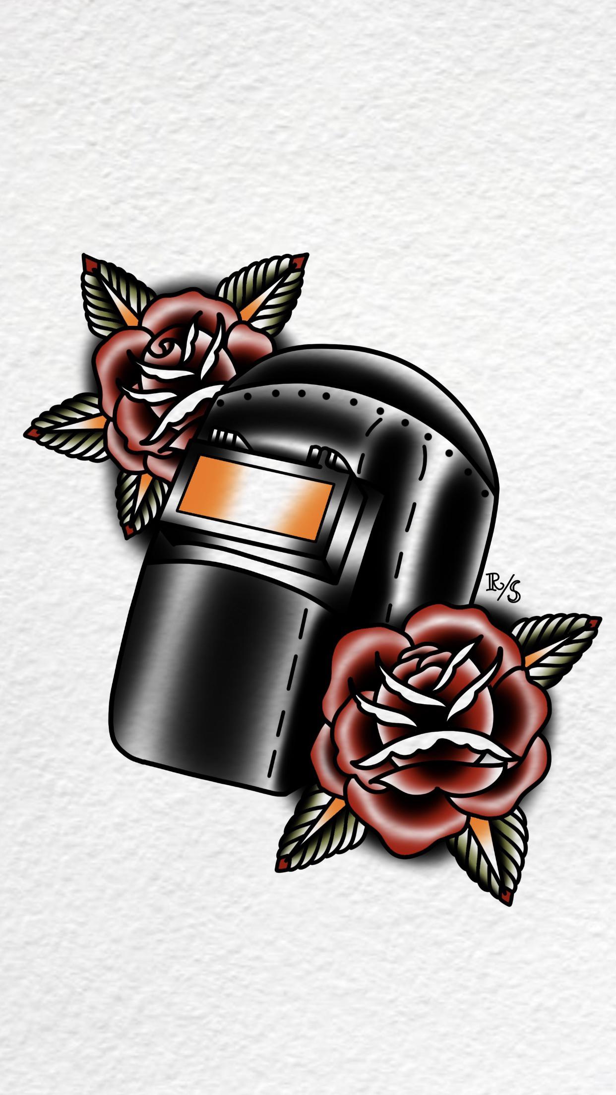Traditional welder helmet. On IG rustyshackleferdd r/TattooDesigns